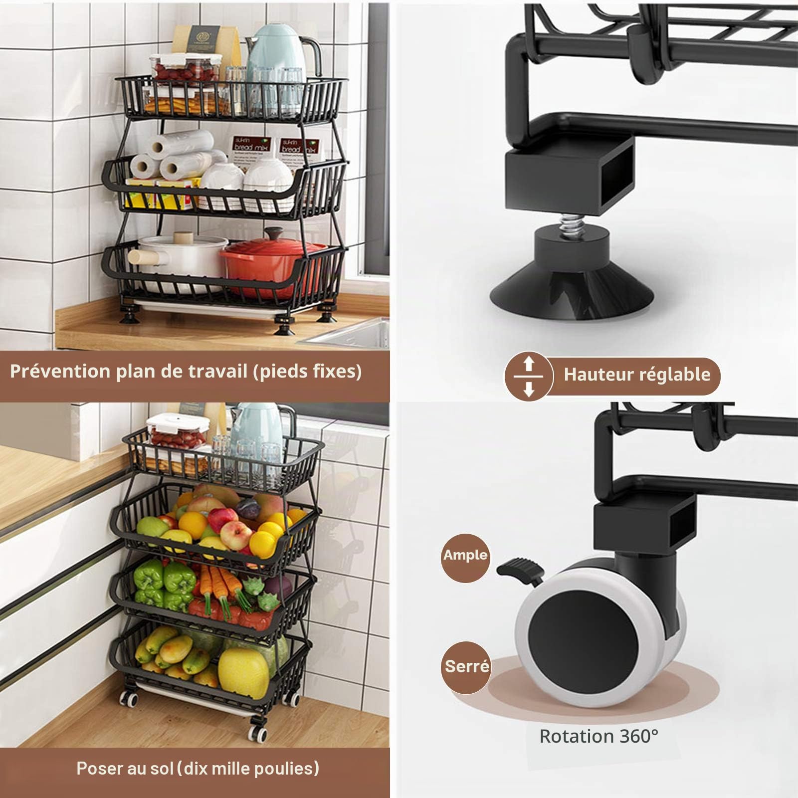 BRIAN & DANY Porte-Fruits avec Roues et Couvercle, Support Utilitaire de Panier de Fruits Roulant empilable à 4 Niveaux, paniers de Cuisine avec Roues