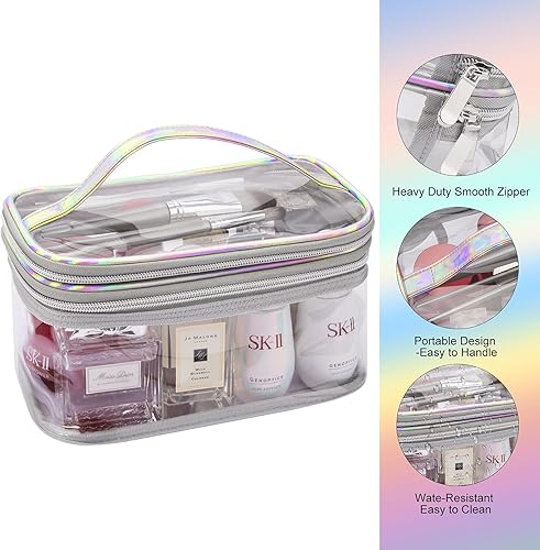 Miniatura 8 de Lermende Bolsa de maquillaje transparente, bolsa de maquillaje transparente de 2 capas para viajes, bolsa organizadora de maquillaje portátil