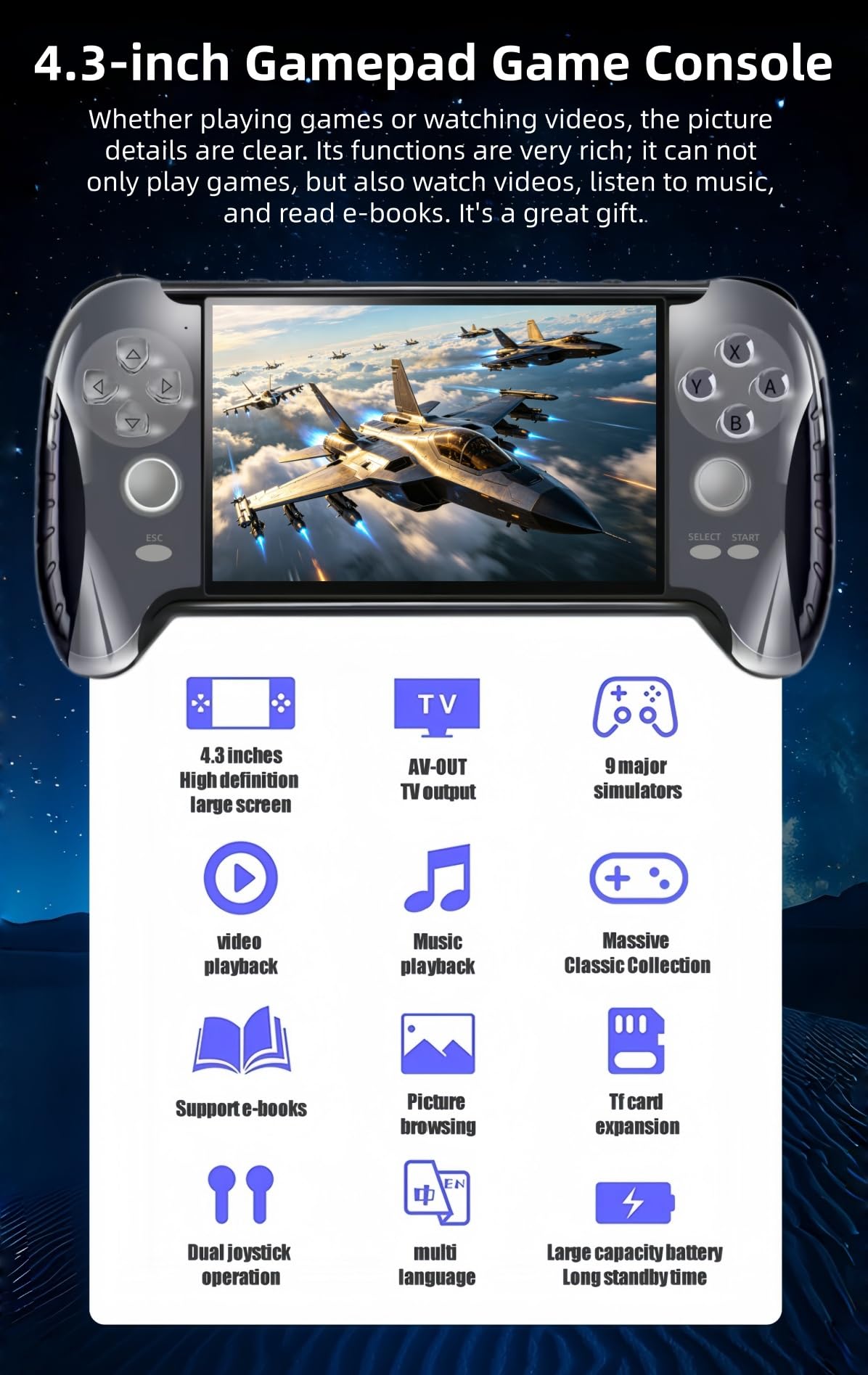 Consola de juegos portátil con gamepad de 4,3 pulgadas, 4800 juegos retro, múltiples emuladores, función de guardado de juegos, portátil, para niños/amigos, entretenimiento en hogar/exterior