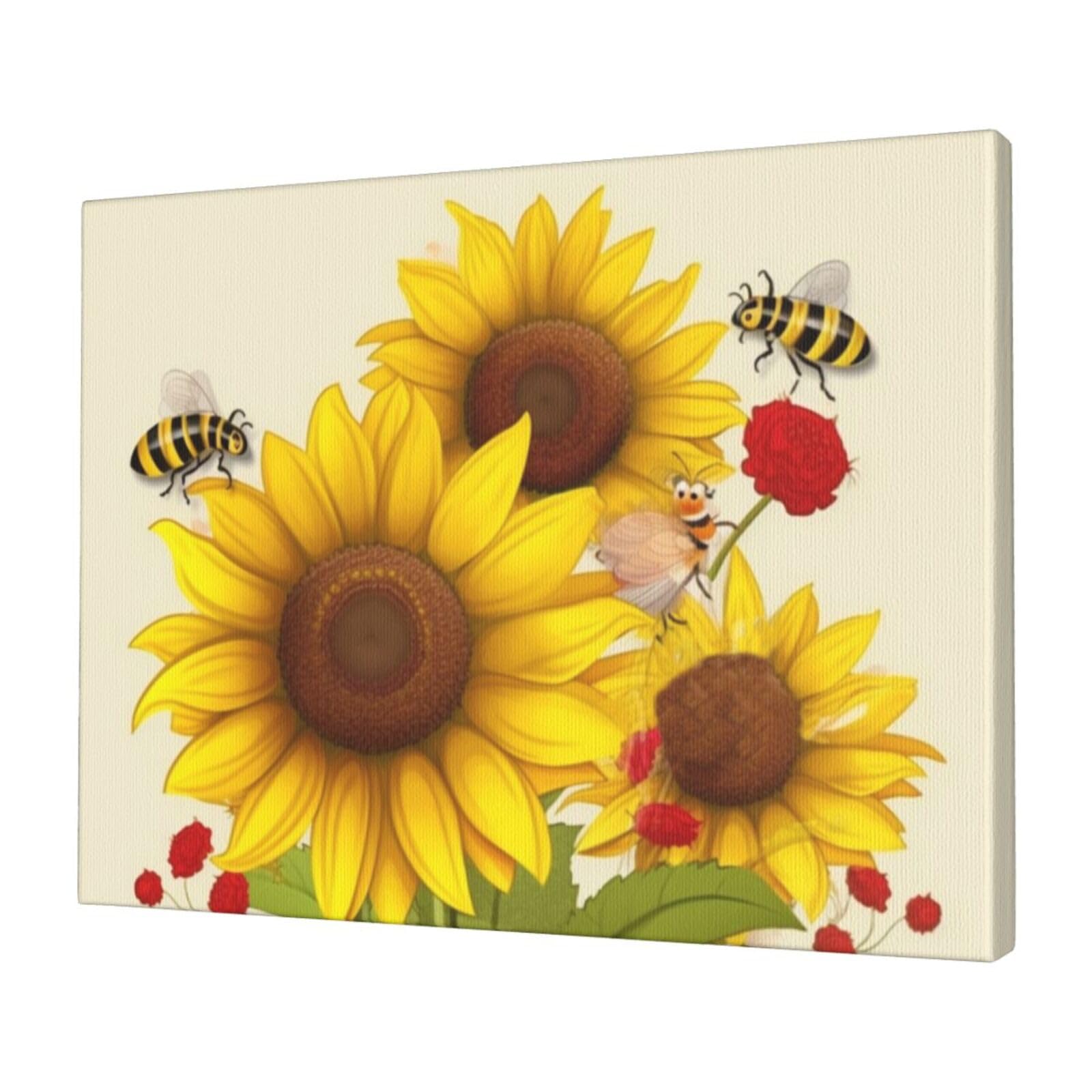 KLOPH Bees Sunflowers Daisy Rose Flowers Canvas Wall Art for Living Room 12"x16" Modern Artwork Painting for Bathroom Hanging Canvas Prints Aesthetic Wallart for Bedroom Kitchen Office Wall Decor