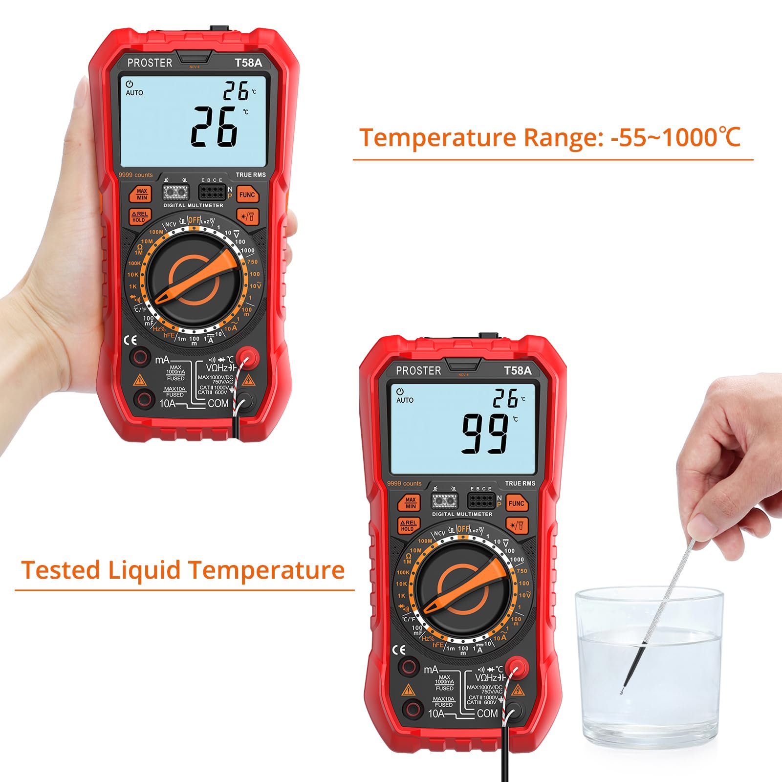 Proster Profesjonalny multimetr cyfrowy - 9999 zliczeń True RMS elektryczny multimetr tester obwodu z ręcznym zakresem, napięciem AC/DC i prądem, pojemnością, temperaturą, testem NCV, LOZ i HFE