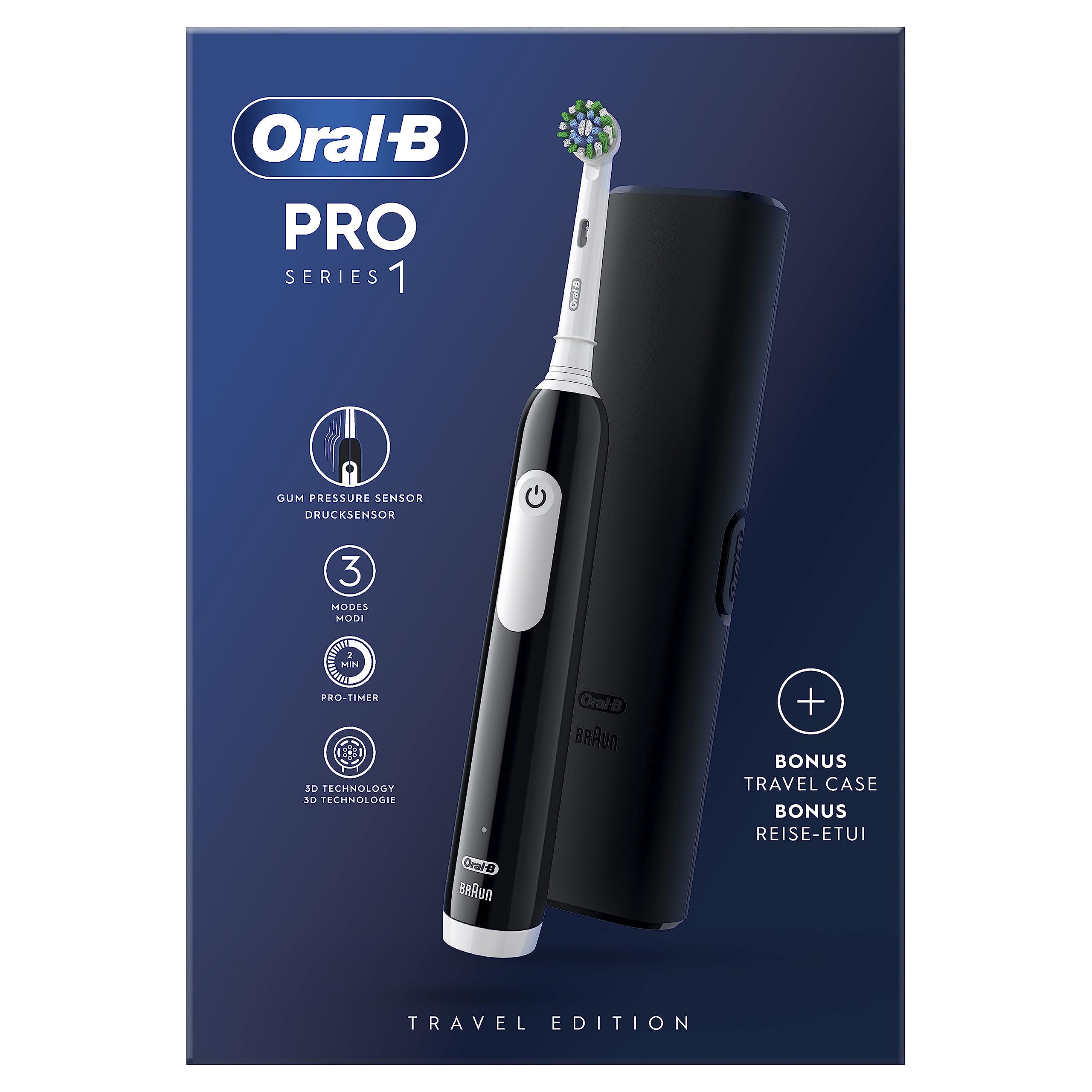 Oral-B Spazzolino Elettrico Pro Serie 1, Testina, Custodia da Viaggio, Nero | Include 1 testina, custodia da viaggio, spazzolino elettrico, 3 modalità di pulizia per la cura dentale