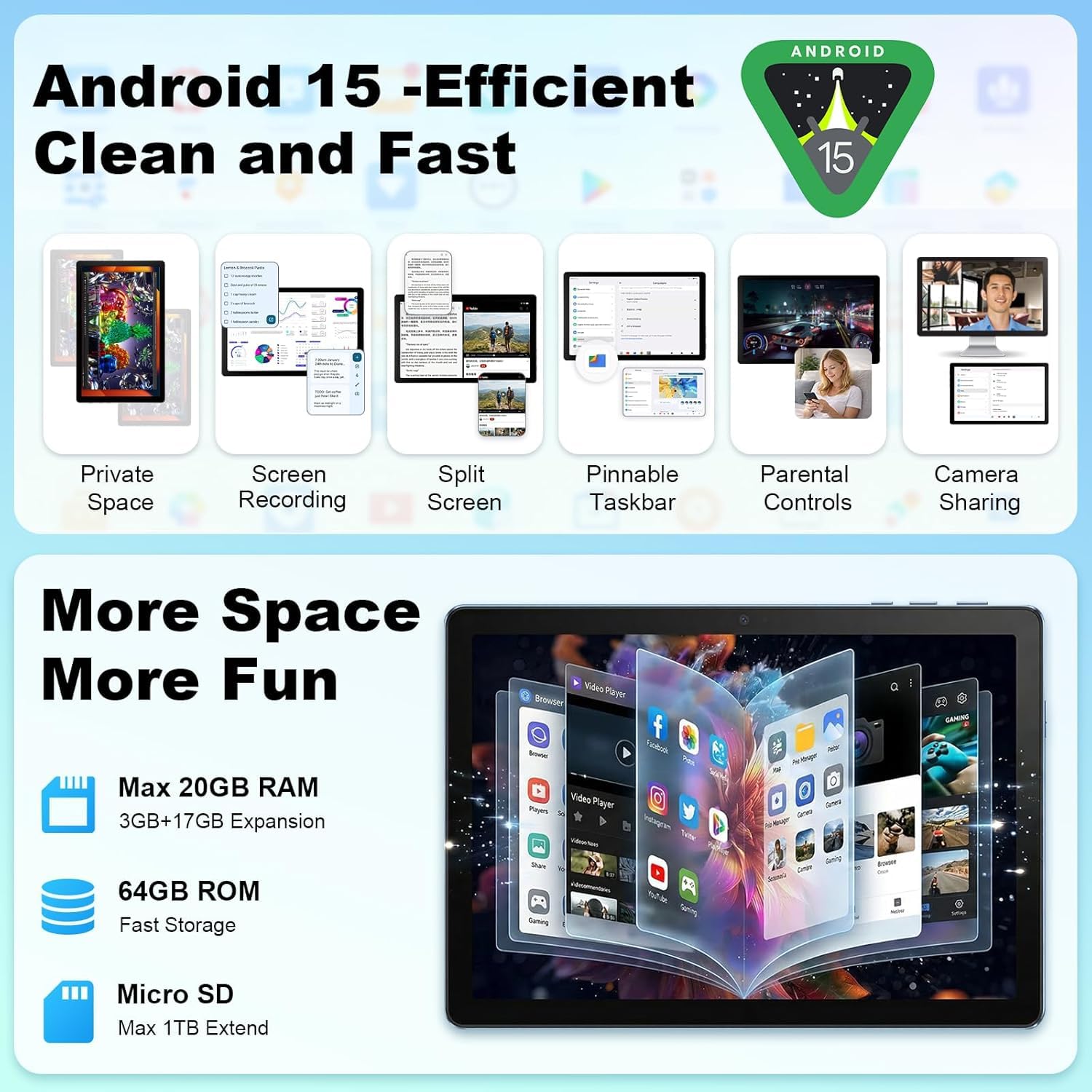 MUISOO Android 15 Tablet, 10.4 inch Tablet, Android Tablets with Keyboard Pen Case Mouse Earphone, 20GB RAM+64GB ROM (TF 1TB), 5000mAh, WiFi 6, BT5.4, Dual Cameras & Speakers, Black — view 3