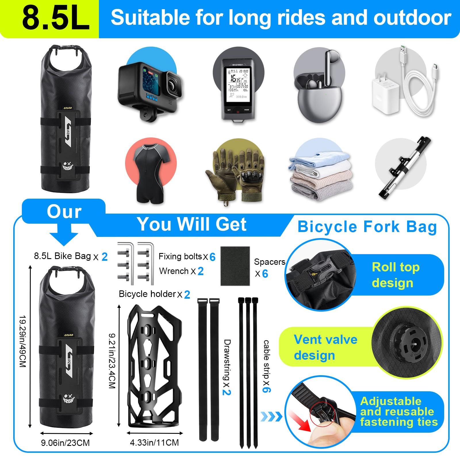 8.5L 2 Pièces Sacoche Velo Etanche Sacoches Fourche Vélo Sac Sacoche Cadre Cadre Velo Enroulable avec Support Polyvalent pour VTT E-Scooter Vélo de Route Accessoire