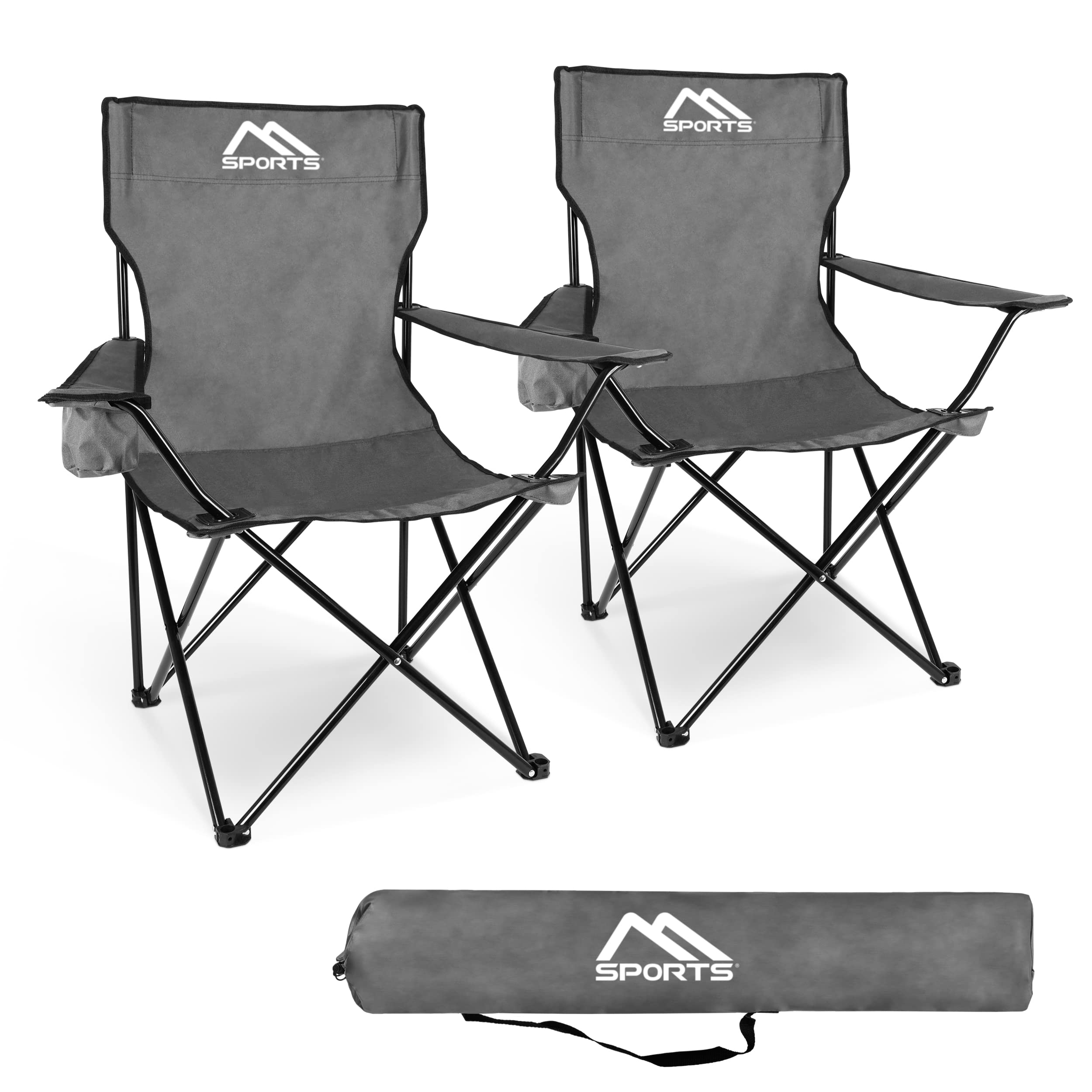 Silla de camping prémium con bolsa de transporte, color gris, juego de 2, silla plegable con reposabrazos y soporte para bebidas, práctica y resistente