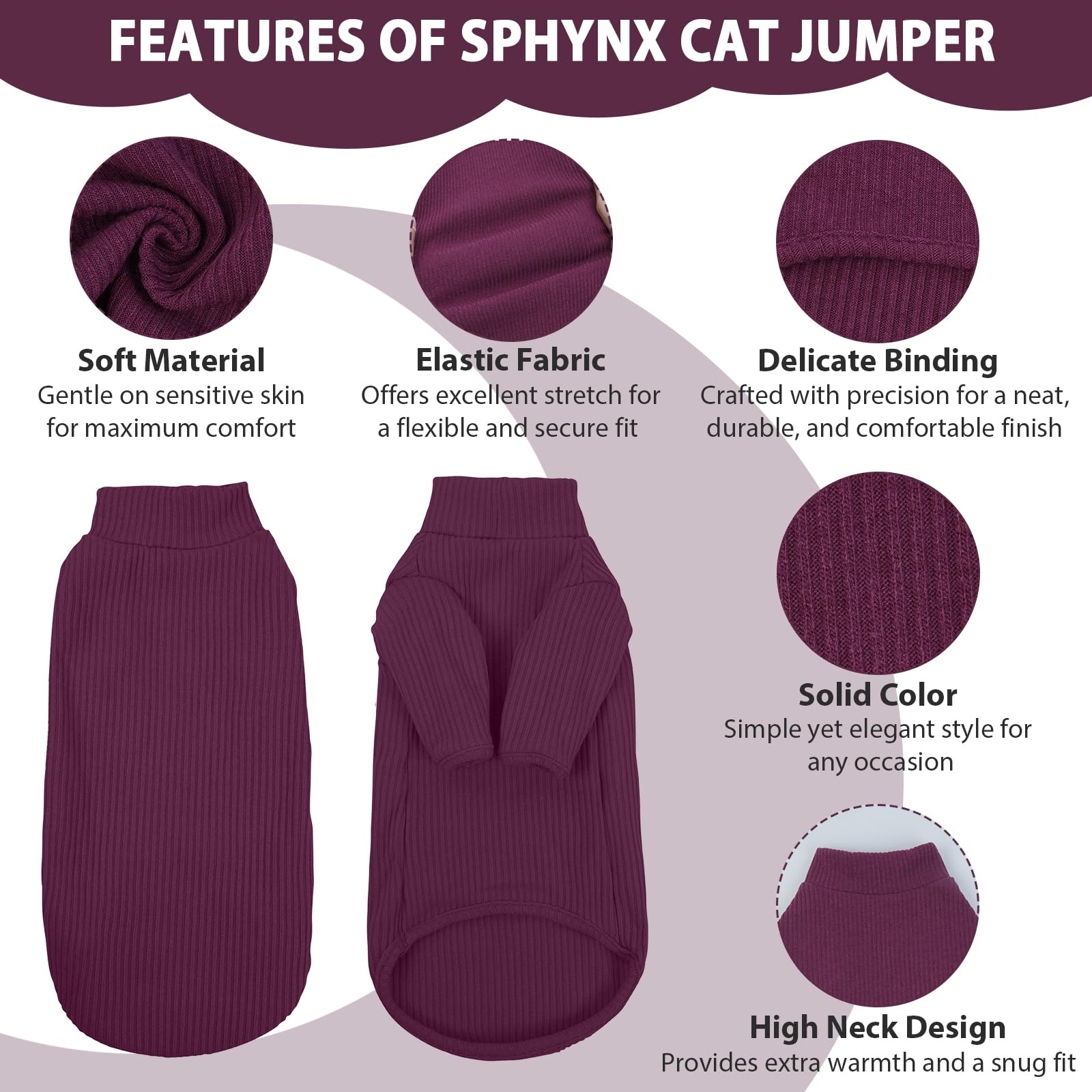 Hairless Cat Sweater，Sphynx Cat Clothes，Kitten Clothes，Breathable Sweaters Cats, Kitten Pullover w/ Sleeves, Cat Jumpers Cats Only，Cat Clothes Sphynx，Cornish Rex，Devon Rex -L，PurpleRed — view 2