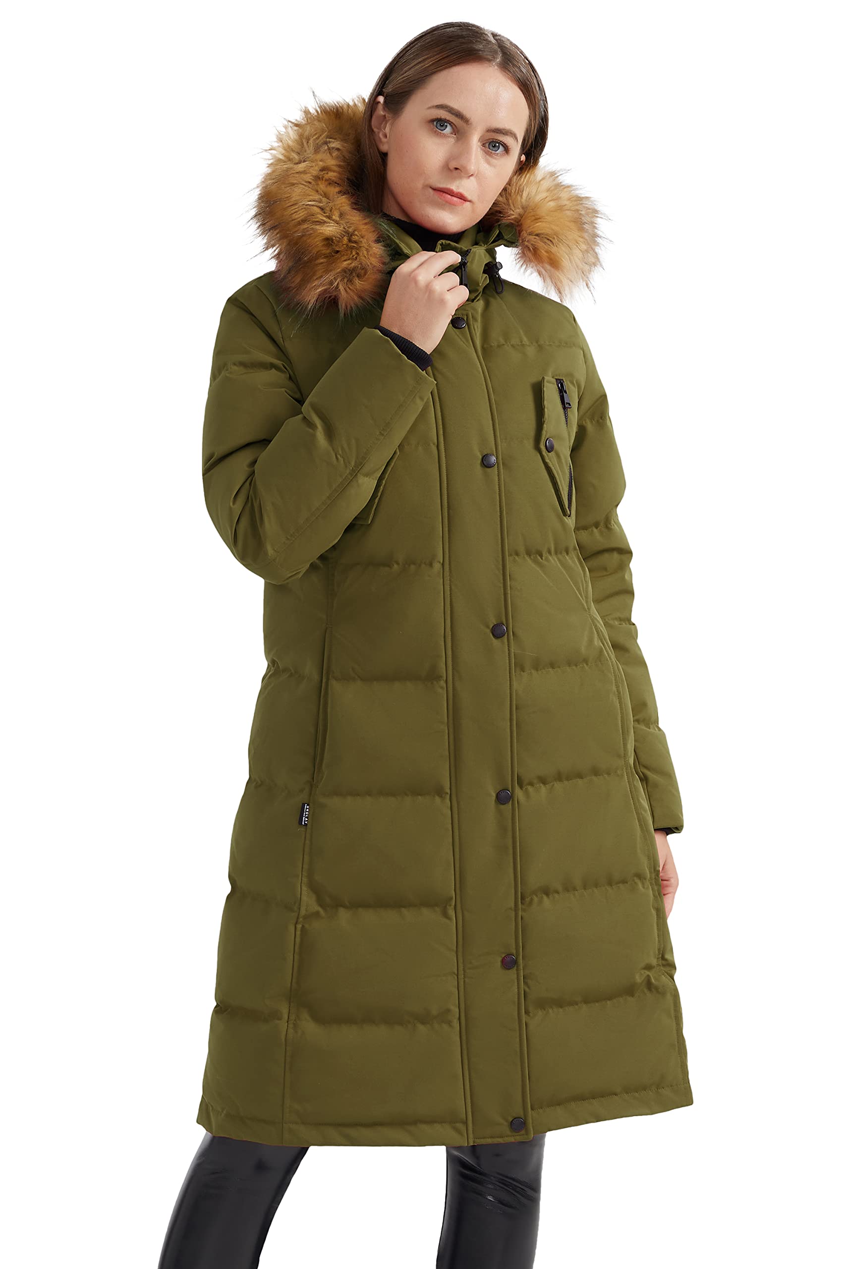 Orolay Damen Lsolierter Daunenmantel Winter Gesteppte Komfortjacke Puffermantel mit Kunstfell Grün XXL