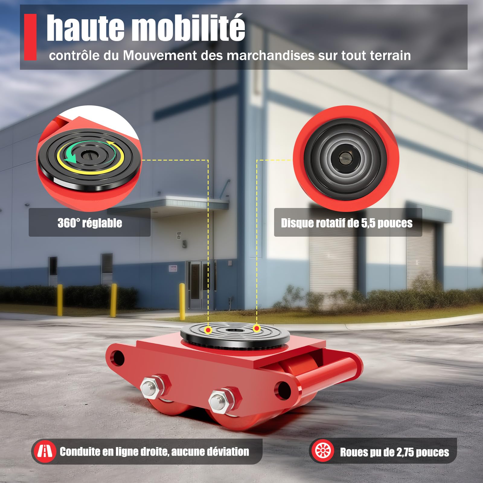 Chariot de transport pour charges lourdes 6T - Rouges - 13228 lbs - Roulettes de meubles avec roues en polyuréthane - Pivotant à 360° (acier au manganèse/roulement de qualité/poignée de sécurité