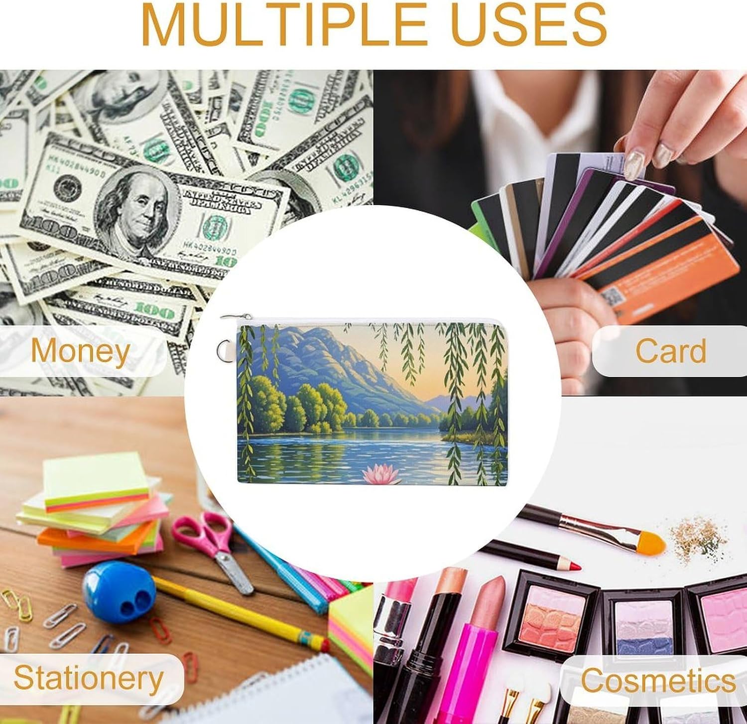 Willow Willow Lotus Coin Purse Coin Pouch with Zipper for Men Women Portable Change Wallet Canvas Coin Bag