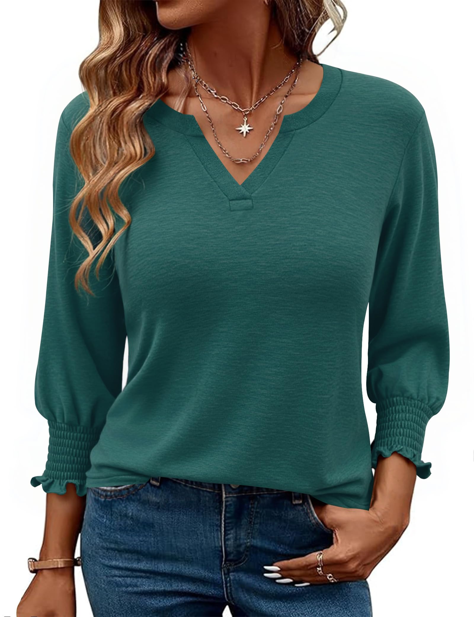 Gyabnw Damen Bluse mit V-Ausschnitt und 3/4-Ärmeln Elegantes Lockeres Blusenshirt Bequem und Hautfreundlich