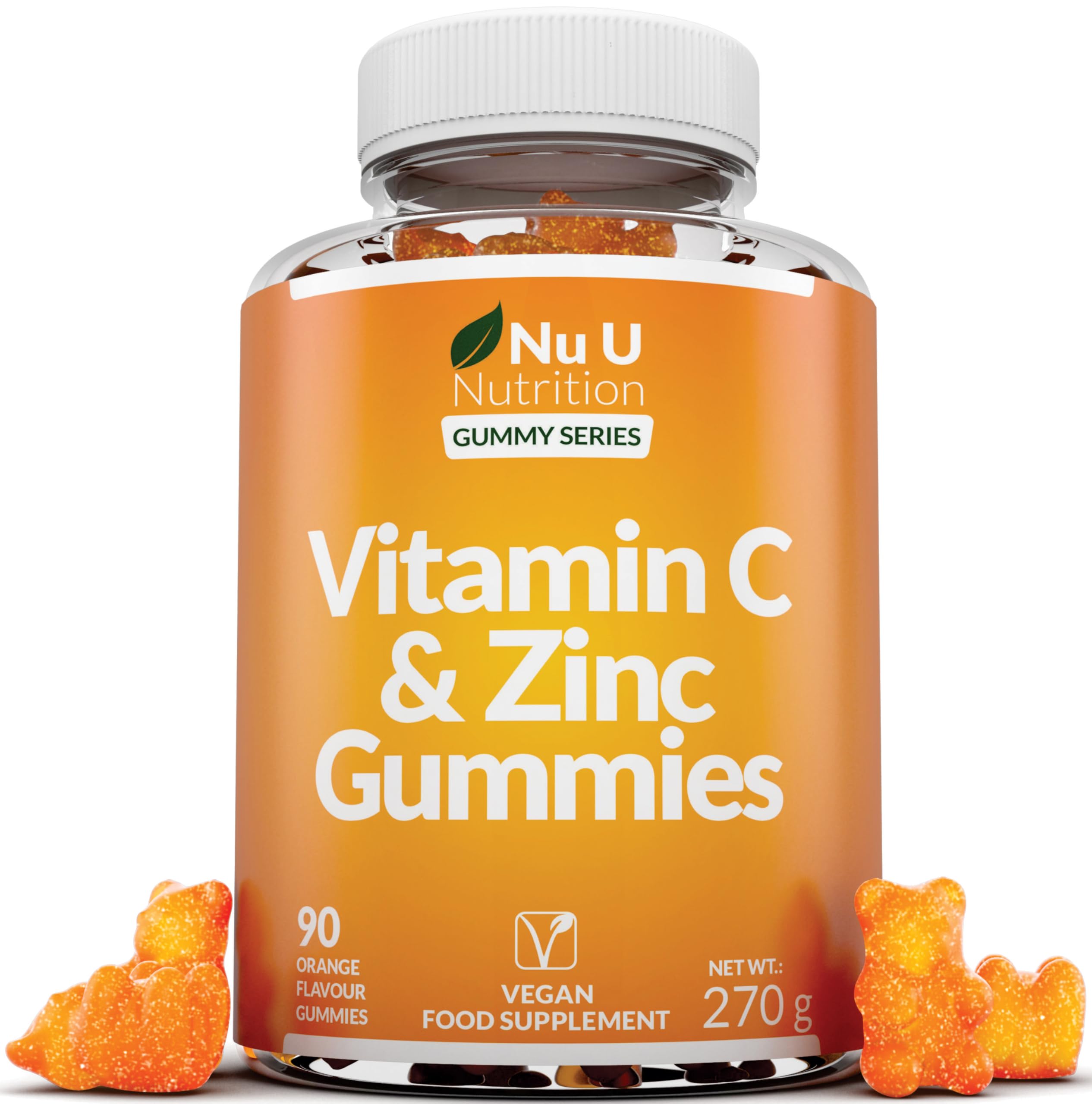 Vitamin C and Zinc Gummies - 90 Vegan Gummies - 120mg Vitamin C & 12mg Zinc per Serving - Natural Orange Flavour - Made in The UK - Nu U Nutrition