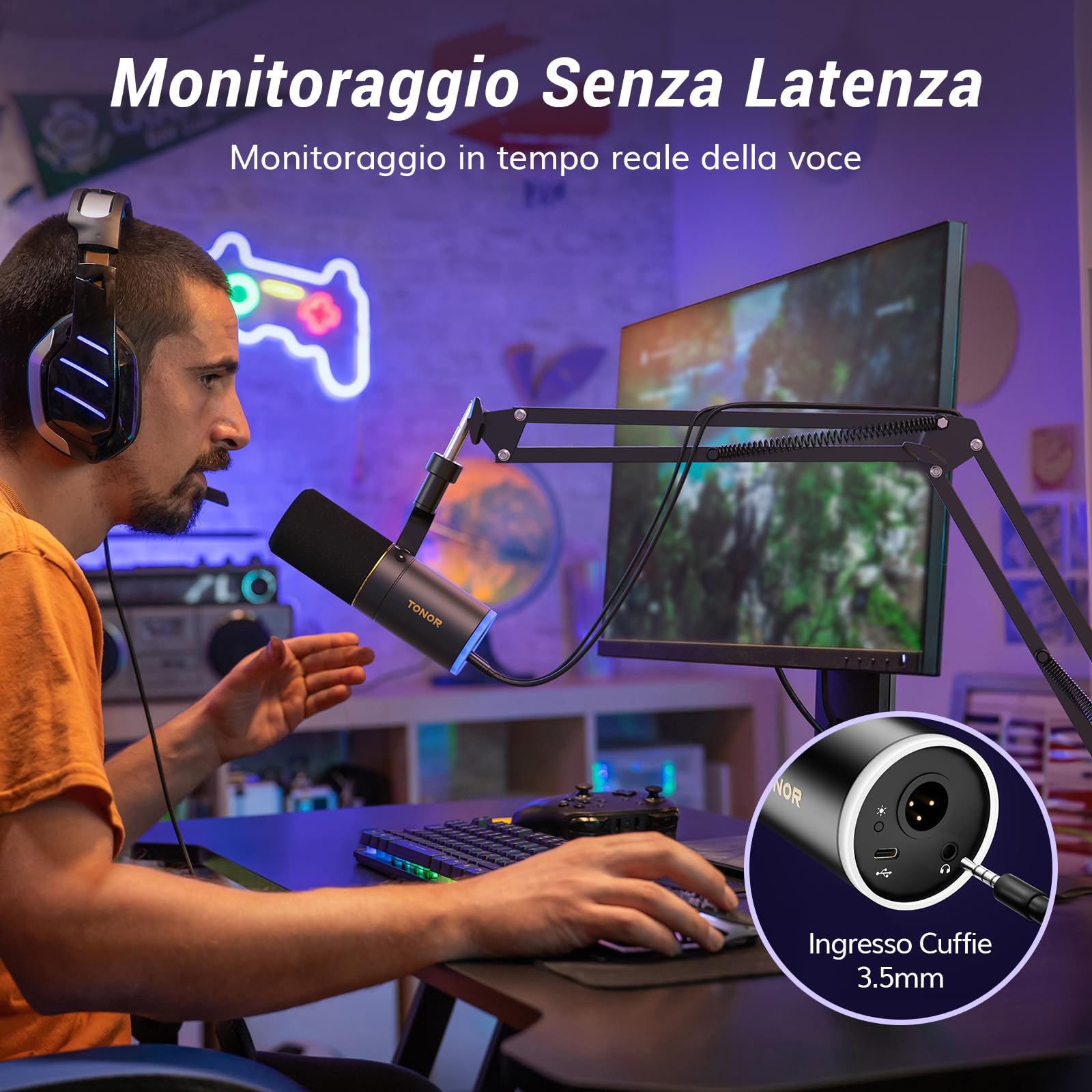 TONOR Microfono Gaming USB/XLR con Supporto da Braccio, Microfono PC Dinamico RGB per Twitch, Streaming, Podcasting, Discord, Microfono in metallo Cardioide per Mac Android, 200cm,TD520S+