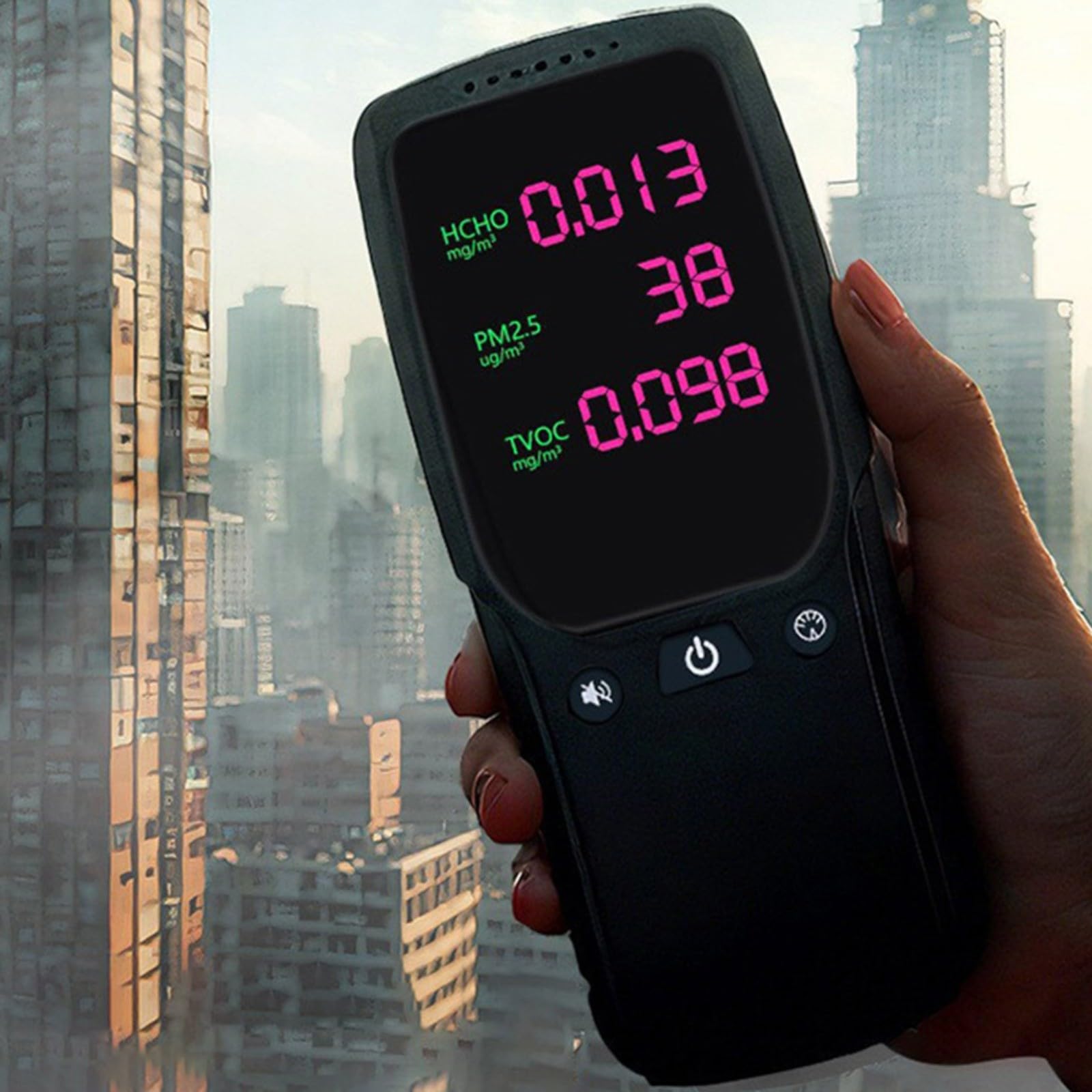Misuratore di qualità dell'aria ambiente per polveri sottili (PM2,5), formaldeide, HCHO e TVOC, misuratore di gas portatile con sensore di alta qualità e ventilatore per casa e ufficio
