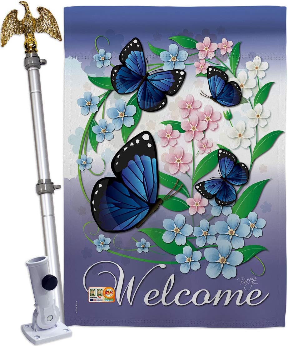 Blue Butterflies House Flag Dowel Set Garden Friends Butterfly Ladybugs Dragonfly Bee Springtime Insect Natural Wildlife Small Decorative Gift Yard Banner Made In USA 28 X 40