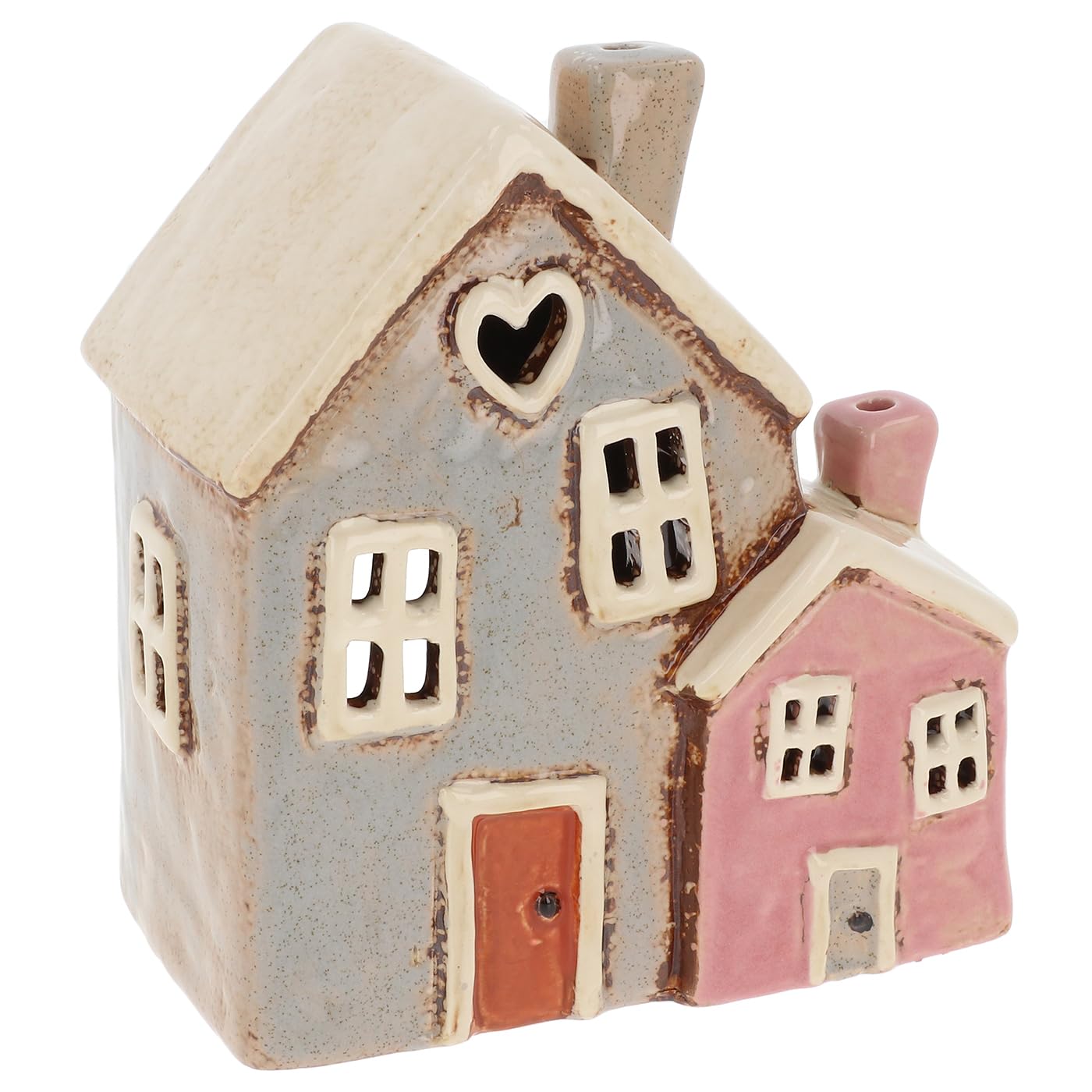 Shudehill Giftware Village Pottery Pink & Grey Two Heart House Tealight Holder