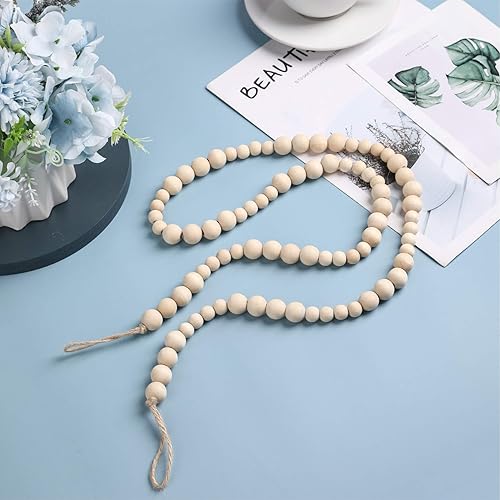 Miniatura 7 de Expositor de fotos para colgar en la pared con guirnalda de cuentas de madera, marco de fotos para decoración de pared bohemia, soportes para fotos