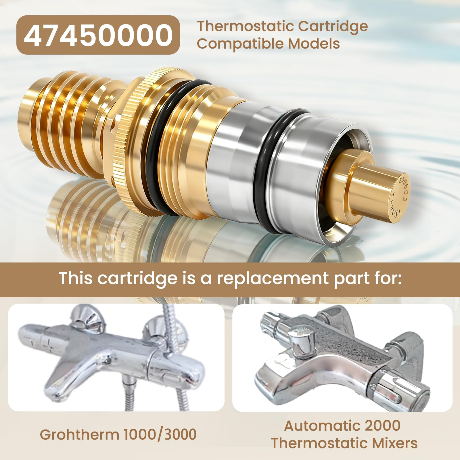 Cartucho termostático GR-47450000 de 1/2" de latón y acero inoxidable, compatible con Grohtherm 1000/3000 y Automatic 2000, repuesto 47450000