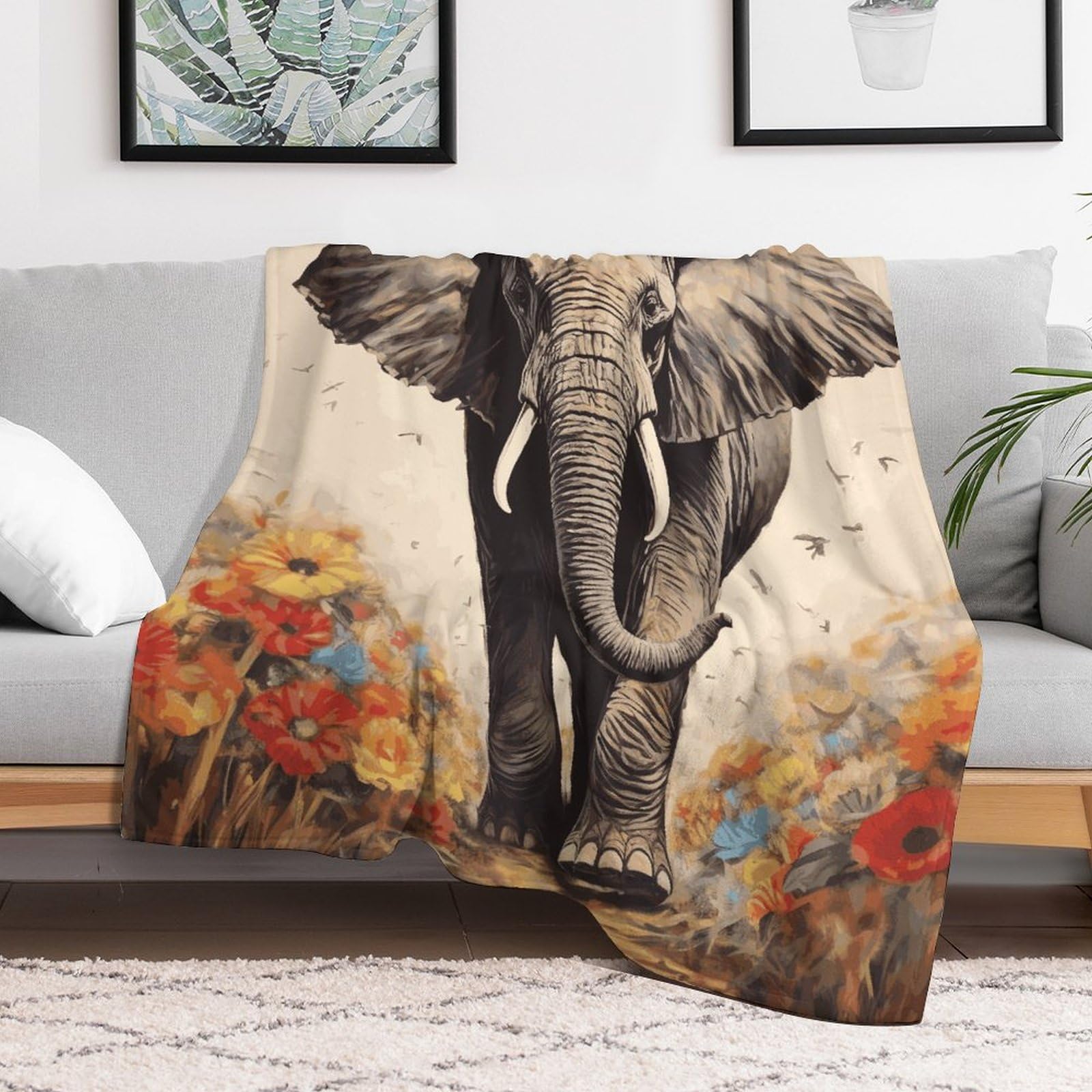 Couverture éléphant en micro polaire 140x178 cm pour lit et canapé