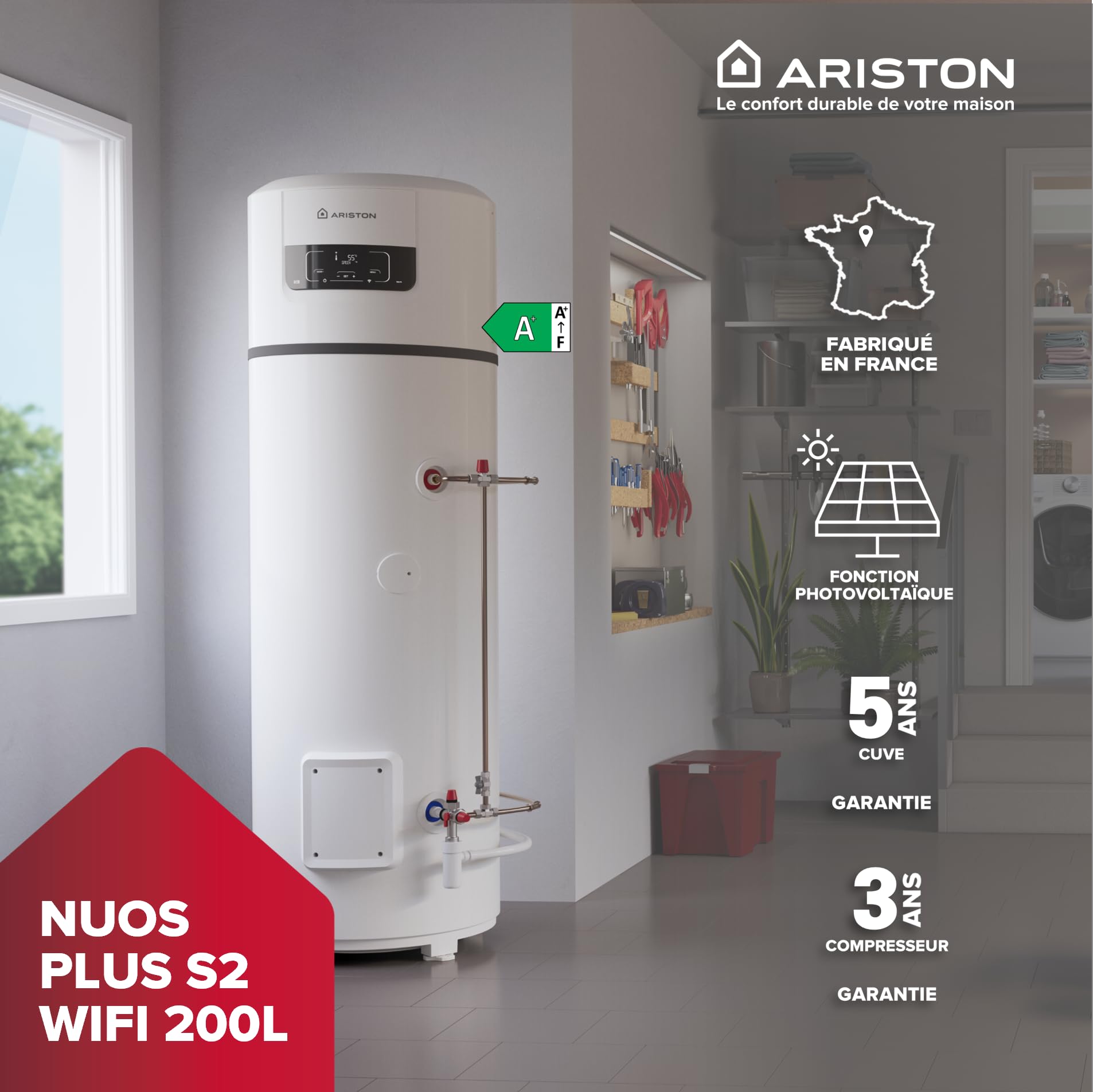 Ariston NUOS PLUS S2 WIFI 200L, Chauffe-eau Thermodynamique Gainable A+, 80% d'Économie, COP 3.43 à 7°C, ACI Cuve Titane, Made in France