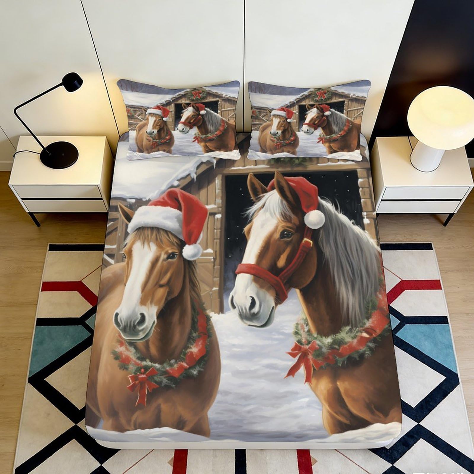 3D Printed Christmas Horse Fitted Sheet Microfiber Soft Holiday Barn Scene Bed Cover for Bedroom Guest Room Decor 90x200x25cm