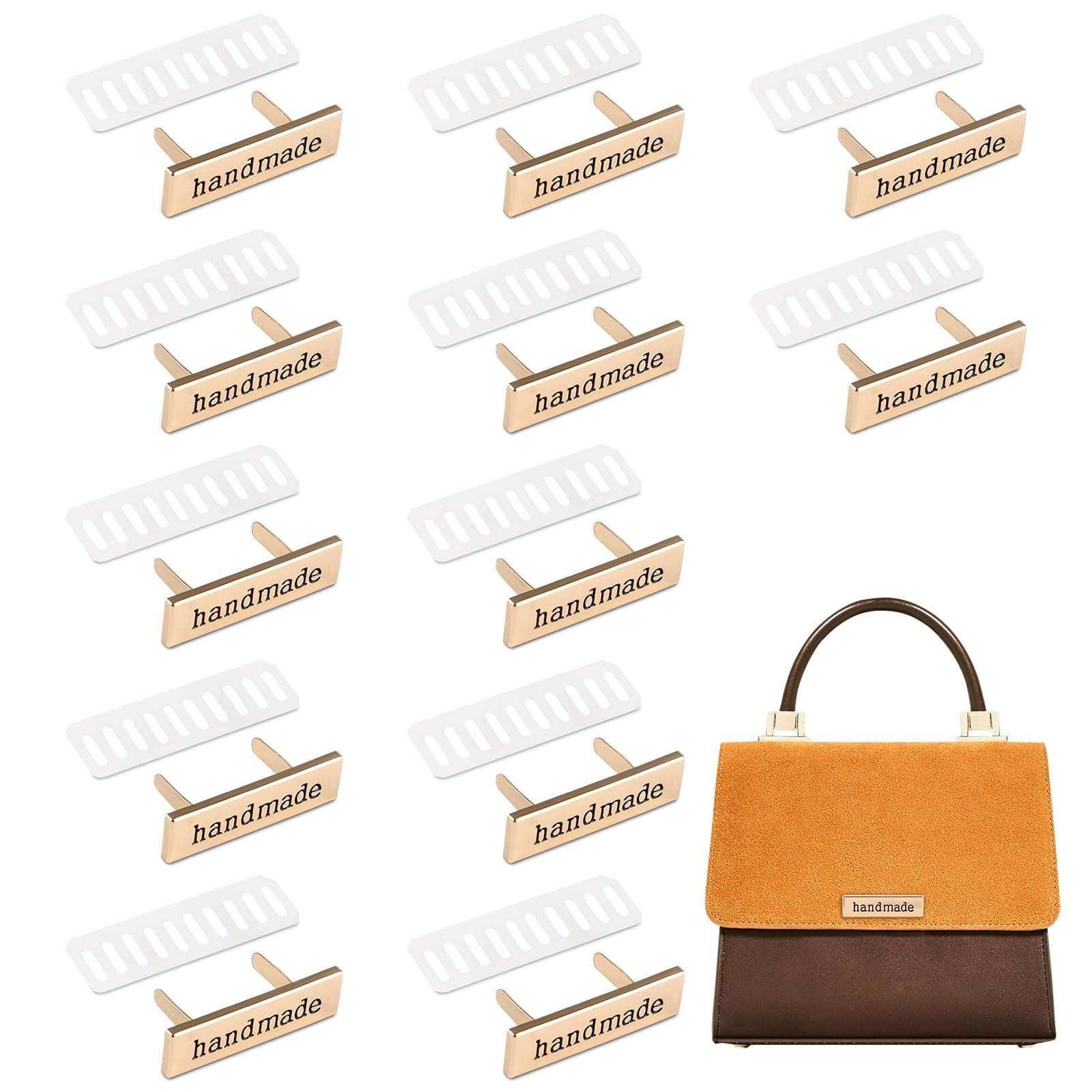 12PCS Gold Handmade Metal Labels with Shim, Alloy Rectangle Tags for DIY Crafts,Sewing, Purses Jeans Shoes Bags Accessories