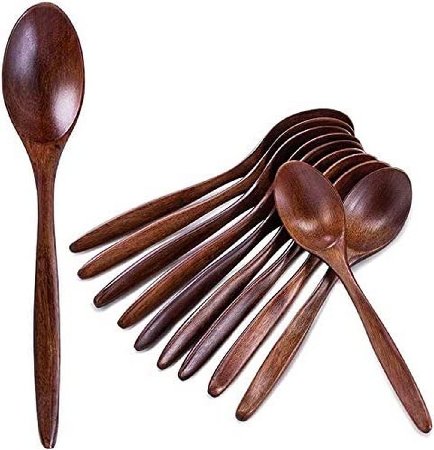 Spoon Soup Spoon Wooden Spoons, 10 PCS Wood Spoon Soup Spoon Set, Long Handle Natural Wood Table Spoons for Eating Mixing Stirring Cooking Kitchen Utensils