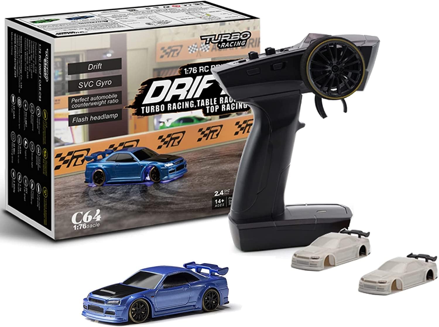 Turbo Racing 1:76 Scale Drift RC Car with Gyro Mini Full Proportional RTR 2.4GHZ Remote Control with 2 Replaceable Body Shell (C64 Blue-Drift)