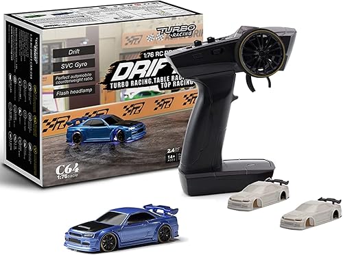 Turbo Racing - Coche RC Drift a escala 176 con Gyro Mini Full Proporcional RTR 2.4GHZ Control remoto con 2 carcasas reemplazables (C64 Blue-Drift)