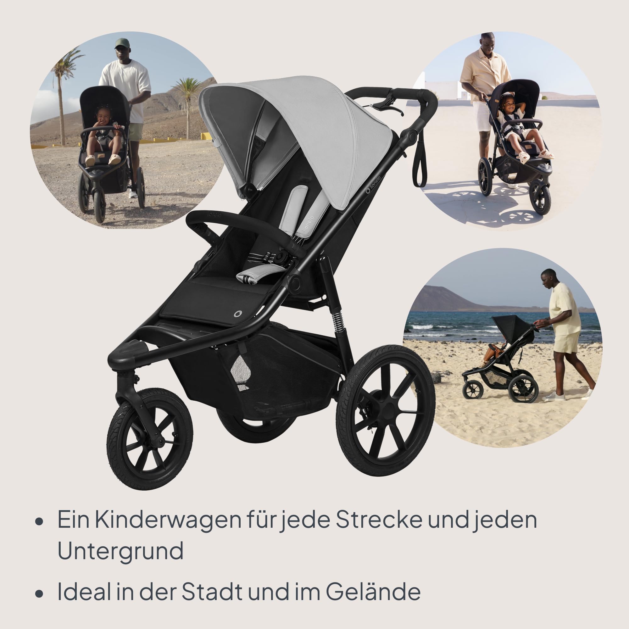 Lionelo Azura Kinderbuggy mit Luftreifen – hohe Federung, stufenlos verstellbare Liegeposition, XXL-Verdeck UPF50+, 5-Punkt-Magnetgurte, kompakt faltbar, inkl. Regenfolie – ab 6 Monaten bis 22 kg