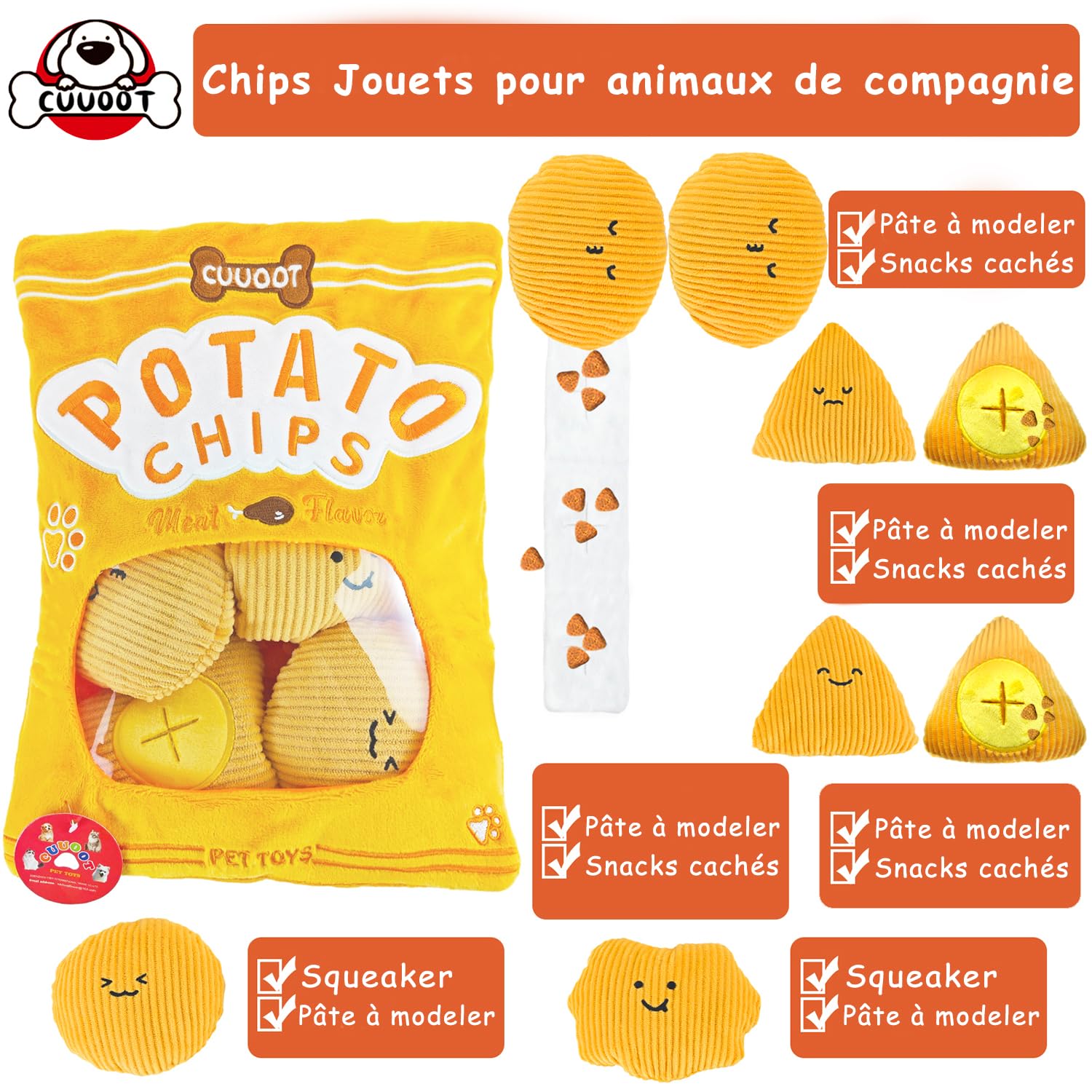 Jouet pour Chien, Jouets Interactifs Croustillants pour Chiens Casse-Tête et Enrichissement pour Petits, Moyens et Grands Chiens - Jouets Chips and Potatoes (Potato-chips-01)