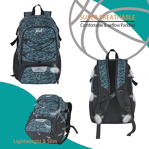 Vista 4 de WOLT - Mochila de baloncesto grande con soporte separado para pelotas y compartimento para zapatos, para baloncesto, fútbol, gimnasio Camuflaje