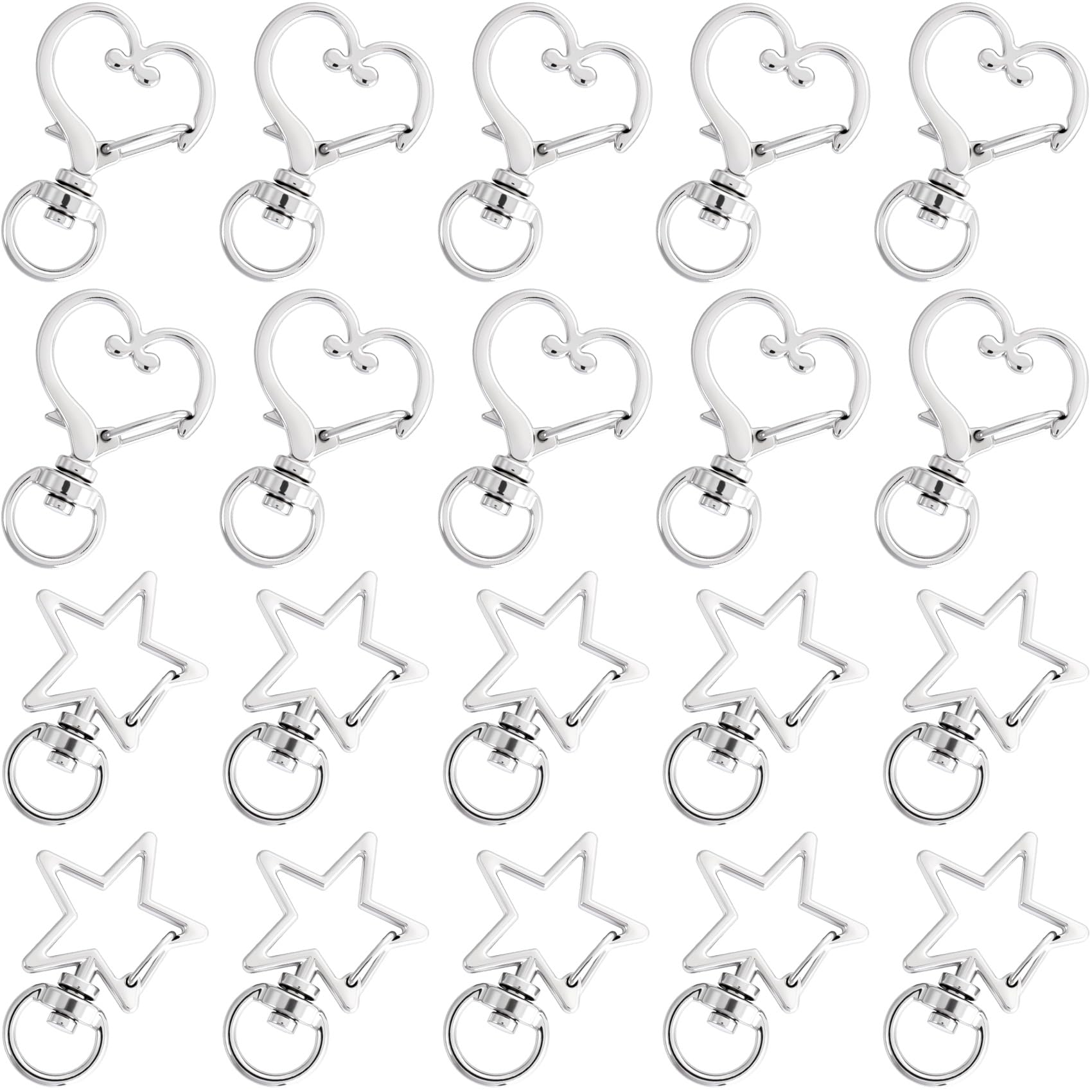 OIIKI 20PCS Star/Heart Swivel Clasps, Keychain Clips Carabiner, Silver