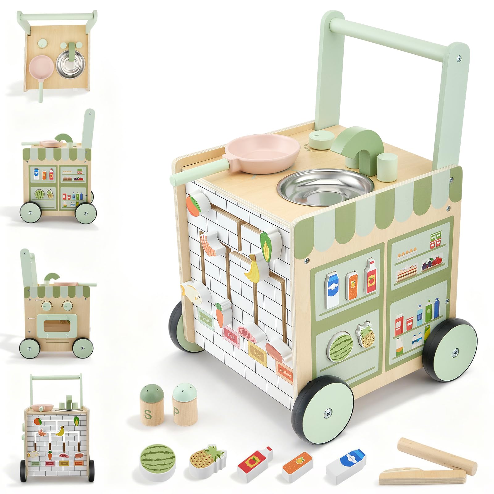 Andador Bebes, Andador Madera Bebé Desde 12 meses - con Centro de Actividades (Utensilio de Cocina, Pista de Laberinto de Frutas) Baby Walker Regalo ideal para niños y niñas de 1 a 3 años