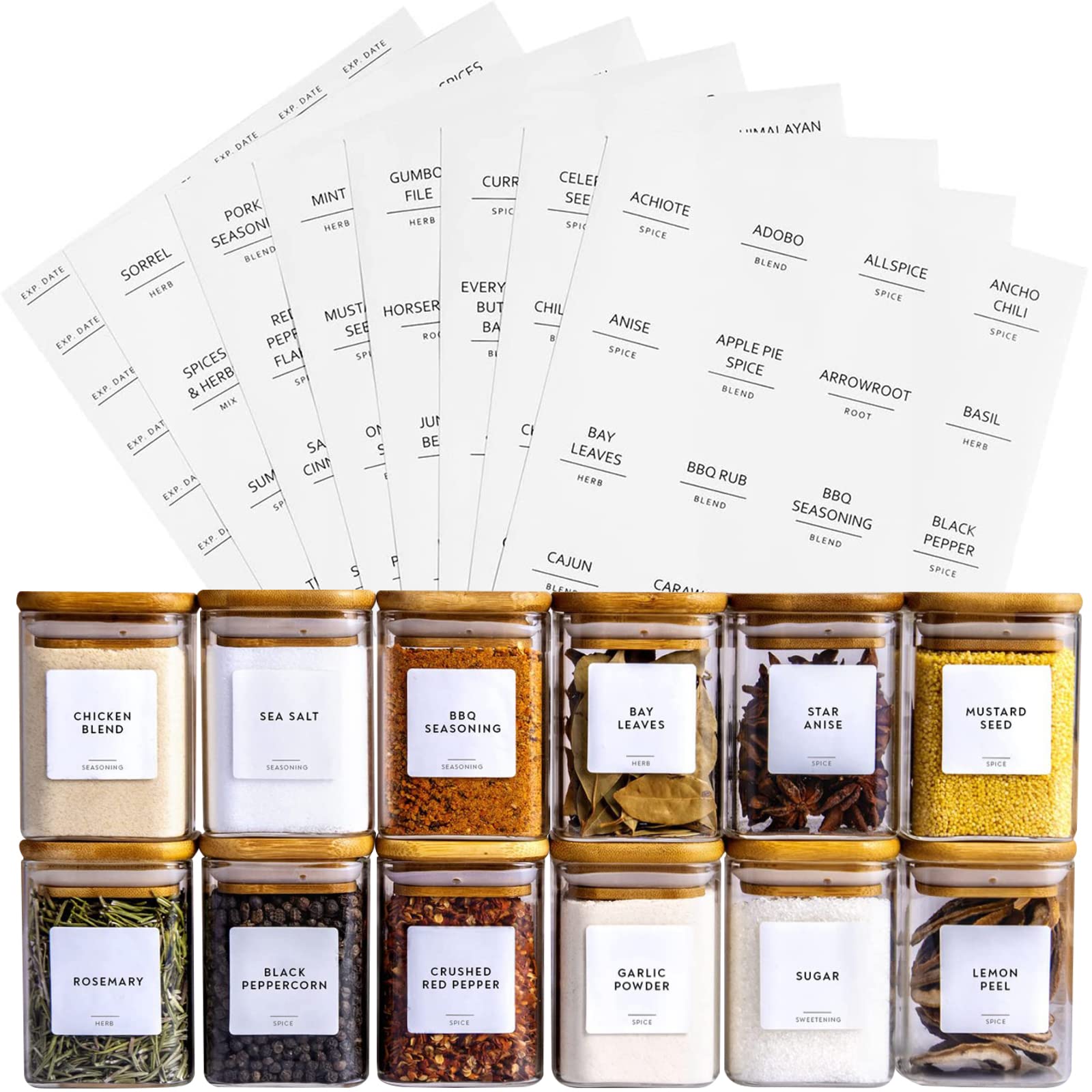 Danmu Art12Pcs 120ml Glass Spice Jars with Bamboo Lids and Labels,Kitchen Storage Square Jars Organiser, 175 Labels