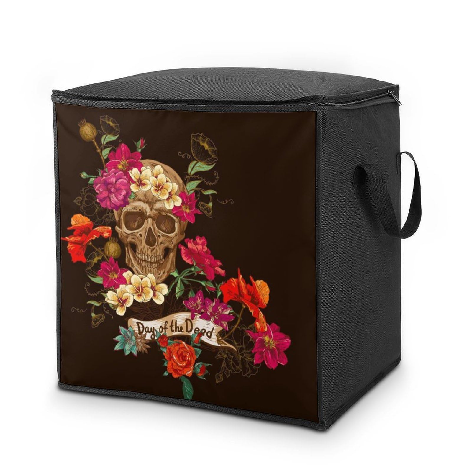 Lyfthologen 70L Storage Bags, Floral Sugar Skull Day of The Dead Storage Box with Lid Zipper And Handles, Clothes Bags for Quilt, Blankets, Bedding