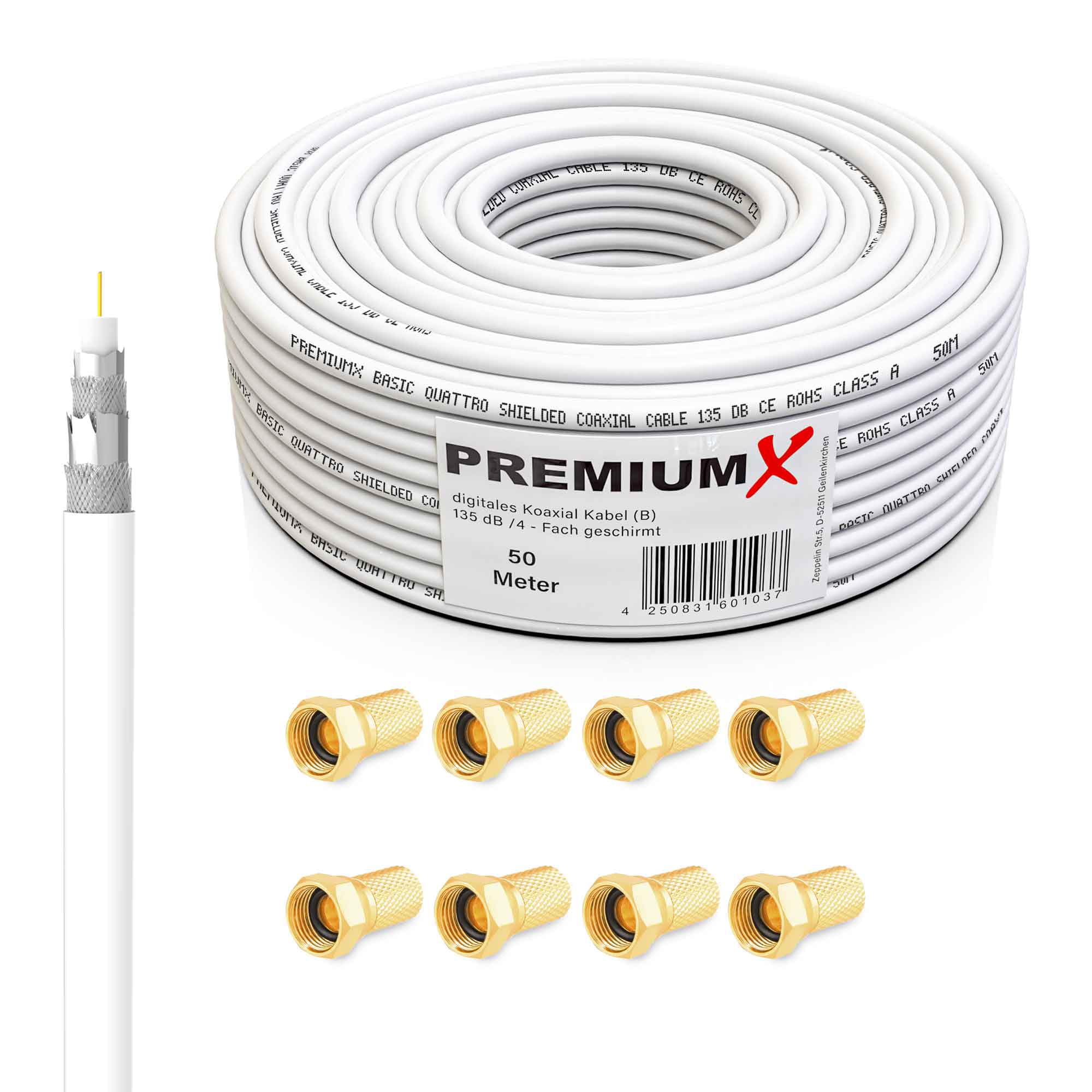 Premium X Satelliten-Komplettanlage 80cm Satellitenschüssel Aluminium Quad LNB Kabel 50m Wandhalter 45cm, SAT bis 4 Teilnehmer