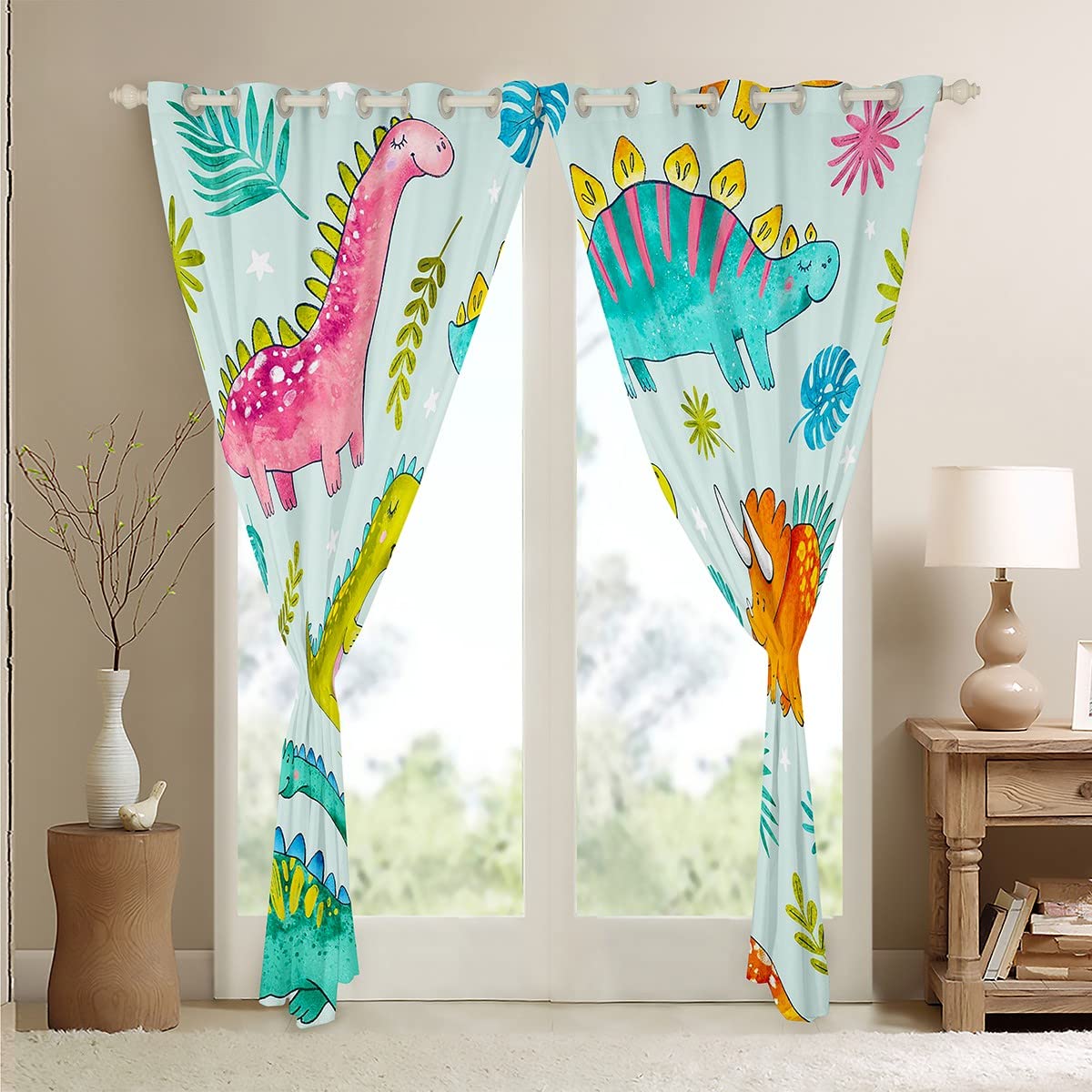 Cortinas Infantiles Dinosaurios Felices – 2 Paneles 107x215 Cm – Conducen Coches Descapotables – Dormitorio Y Guardería