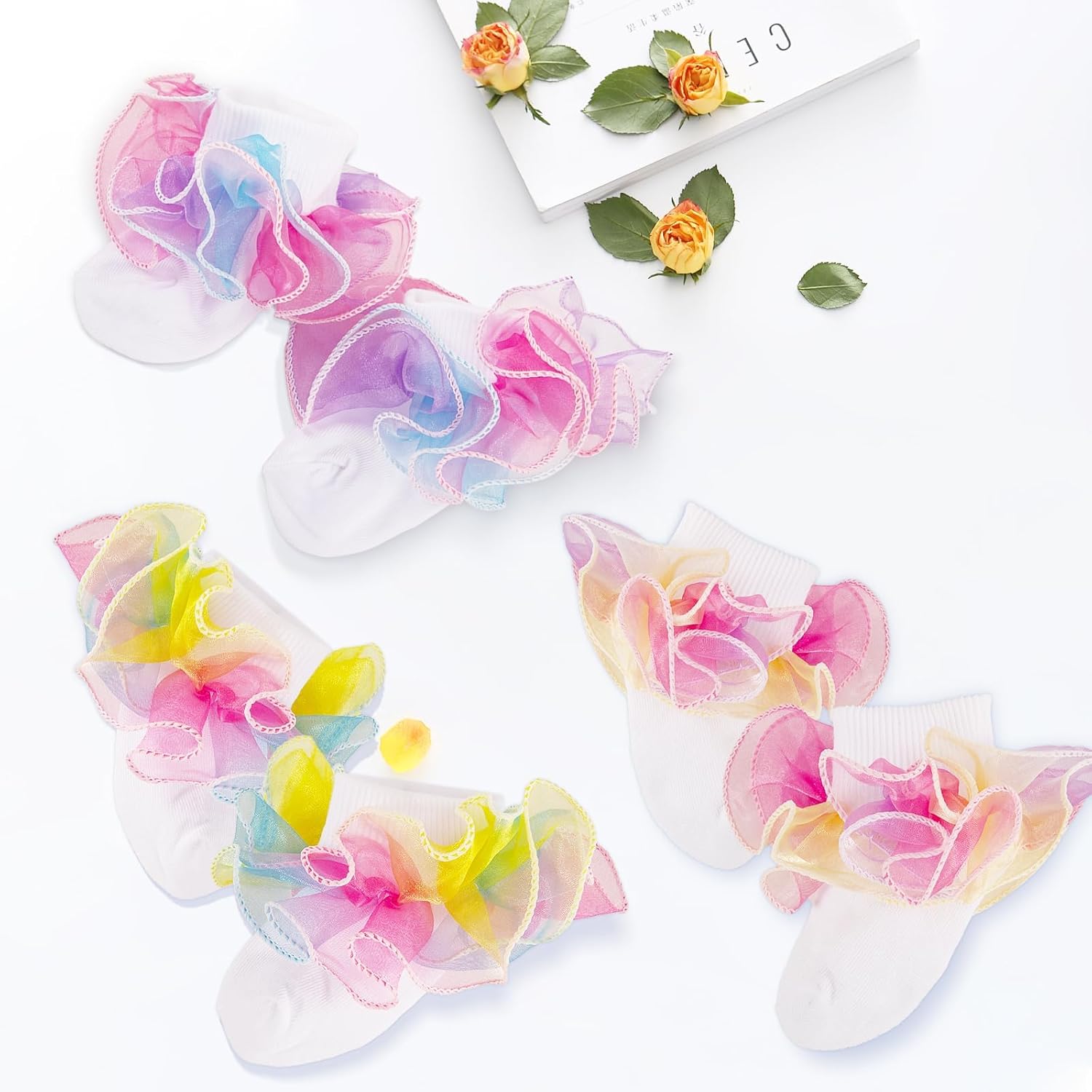 Toddler Girls Double Lace Ruffle Rainbow Socks Turn Cuff Shimmering Big Ruffle Dress Lace Socks - Image 3