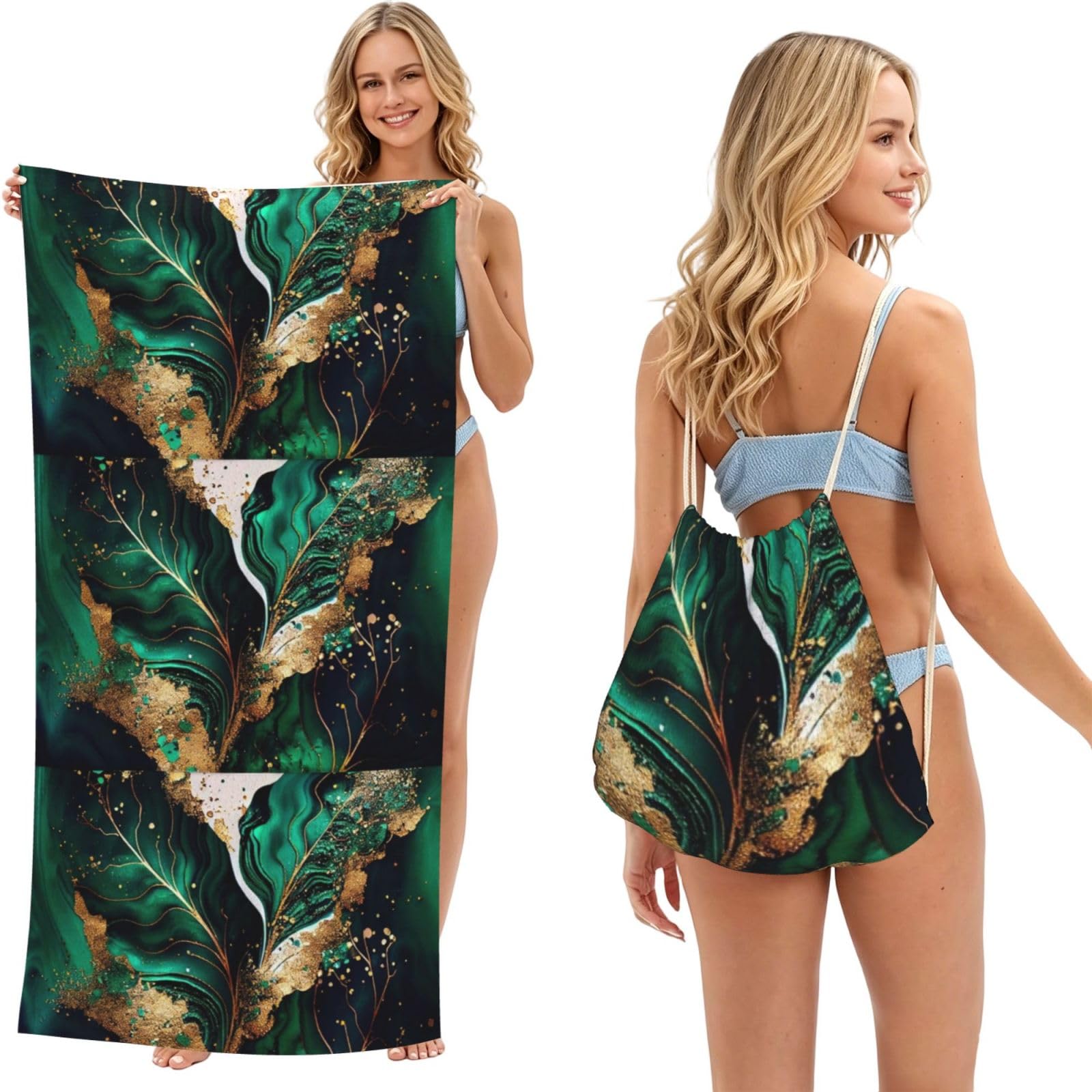 Poadnly As Picture Emerald Green Marble, 2 In 1 Packable Towel Bag, Beach Towels With Drawstring Backpack For Travel Holiday Camping