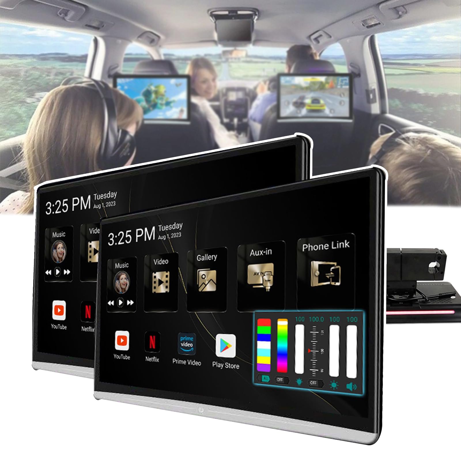 Car Headrest Screen(11.6/12.5/13.3/14in), with Touch Screen, 3+32gb Storage, Support Phone Mirror/Av-in/Fm, USB/Tf Card(128g Expansion),Support 1080p Video, for Most Cars,13.3in,2pcs