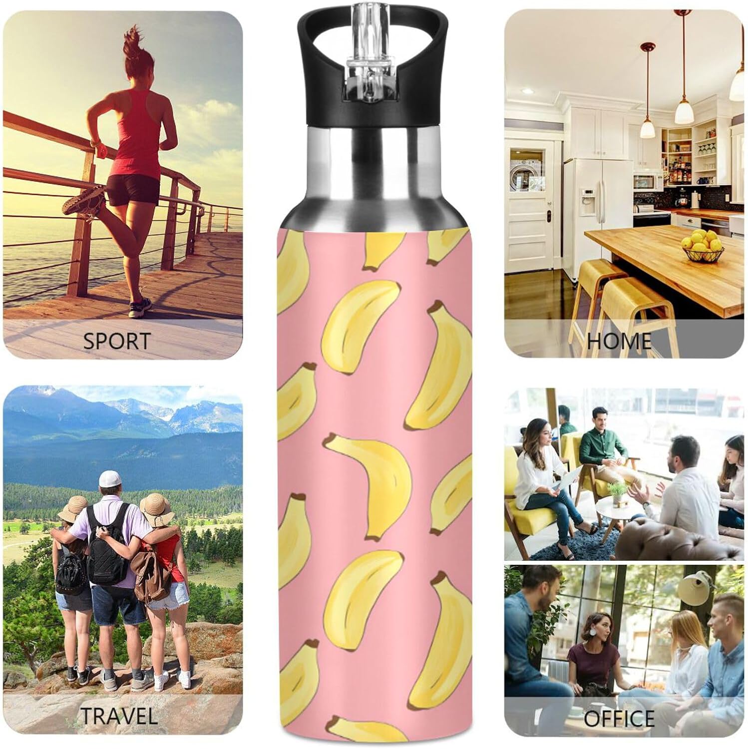 ALAZA Banana Pink Pattern Water Bottle with Straw Lid Vacuum Insulated Stainless Steel Thermo Flask Water Bottle 32oz
