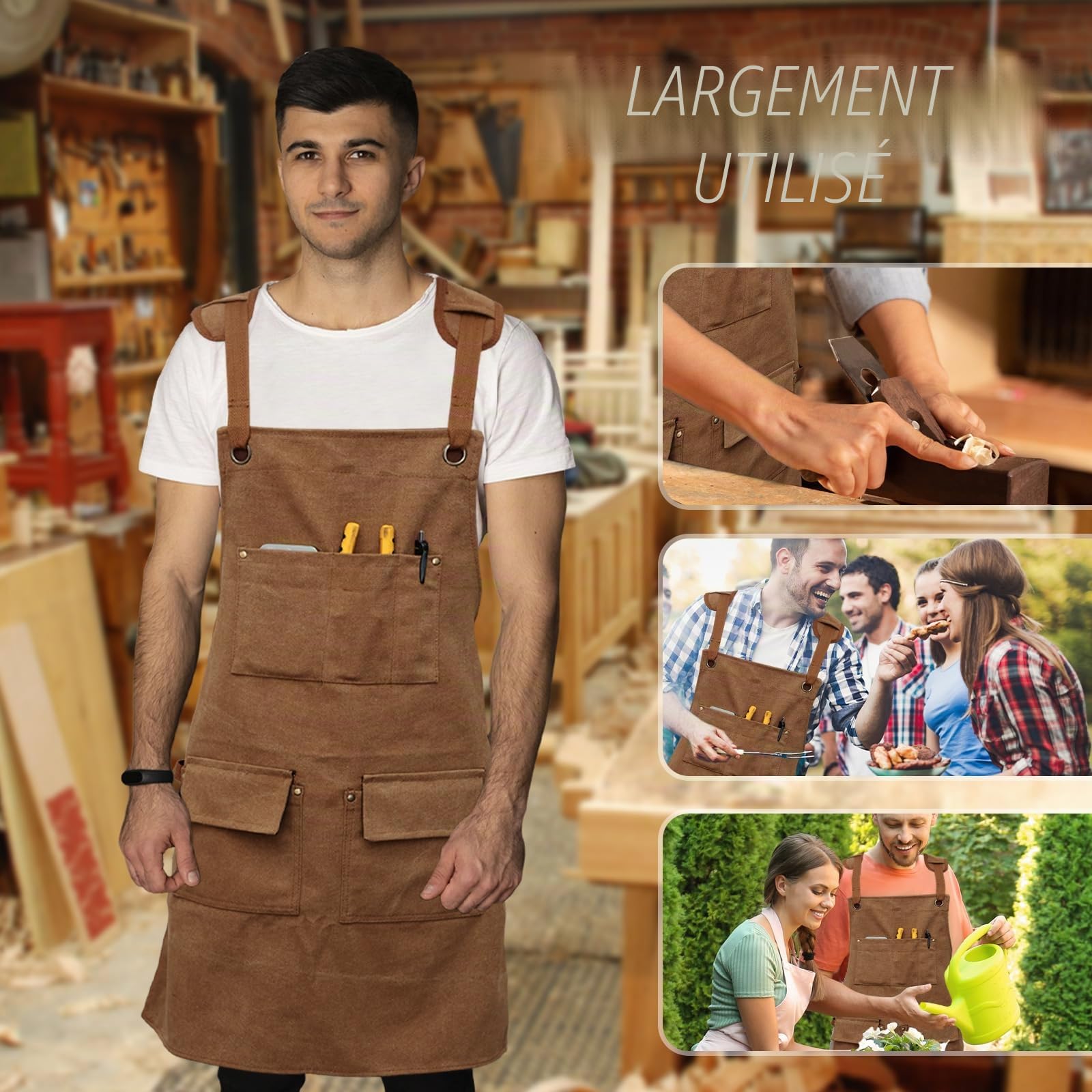 Tablier de travail, tablier à outils avec 5 poches à outils, tablier de travail robuste, tablier de travail en tissu Oxford imperméable, sangle croisée réglable, tablier de travail du bois pour