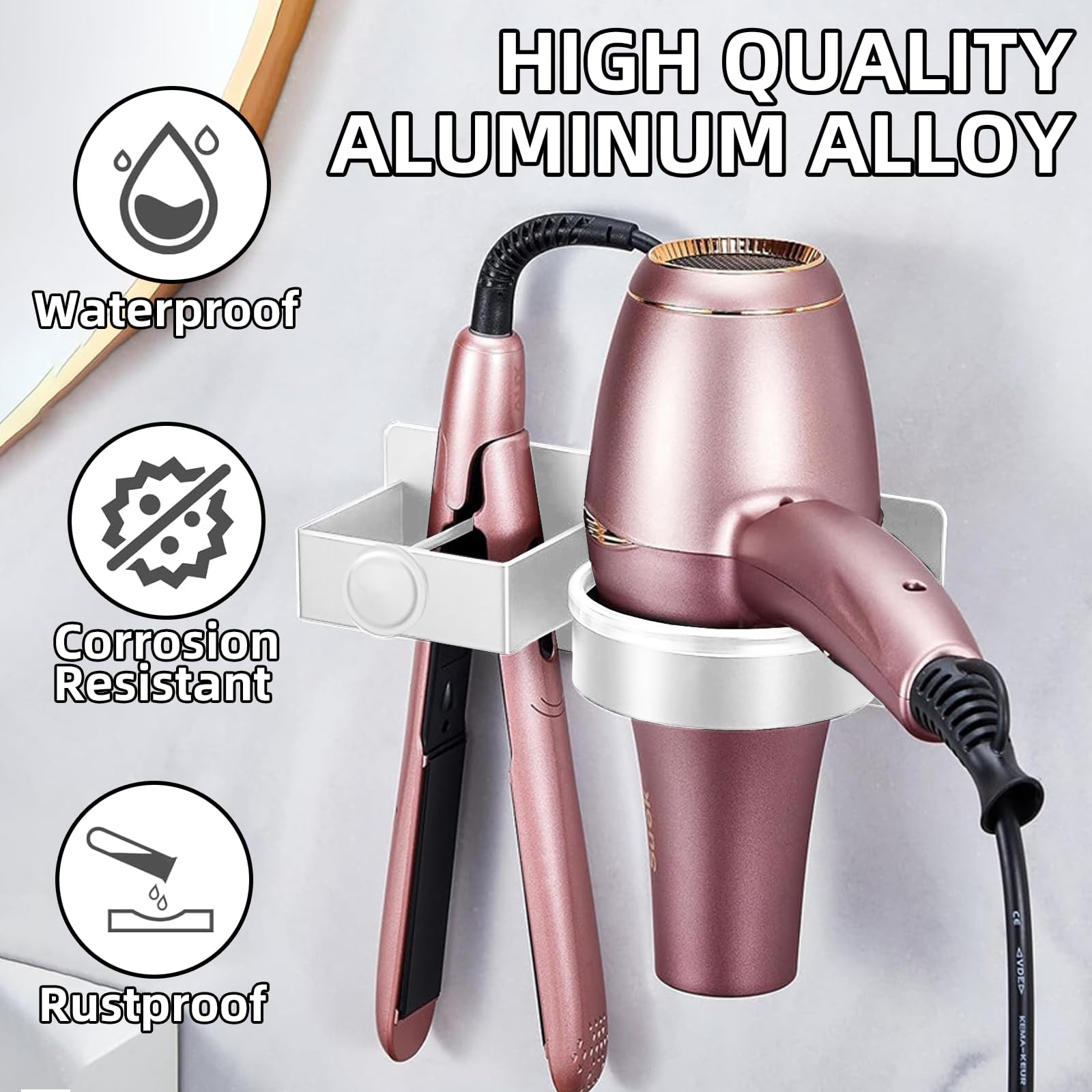 Soporte para secador de pelo, secador de pelo montado en la pared y soporte para alisador, organizador de herramientas adhesivas para el cuidado del cabello para baño, soporte de aluminio para