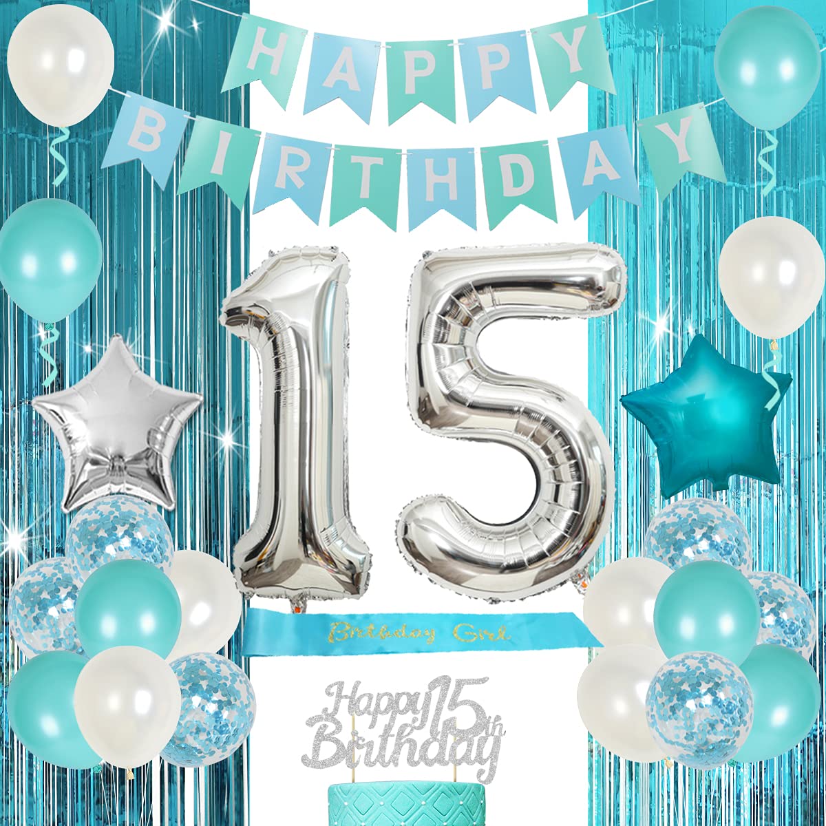 15th Birthday Decorations Teal Blue 15th Birthday Decorations for Girls Boys Turquoise Happy Birthday Banner Sash Number 15 Star Foil Balloons Happy