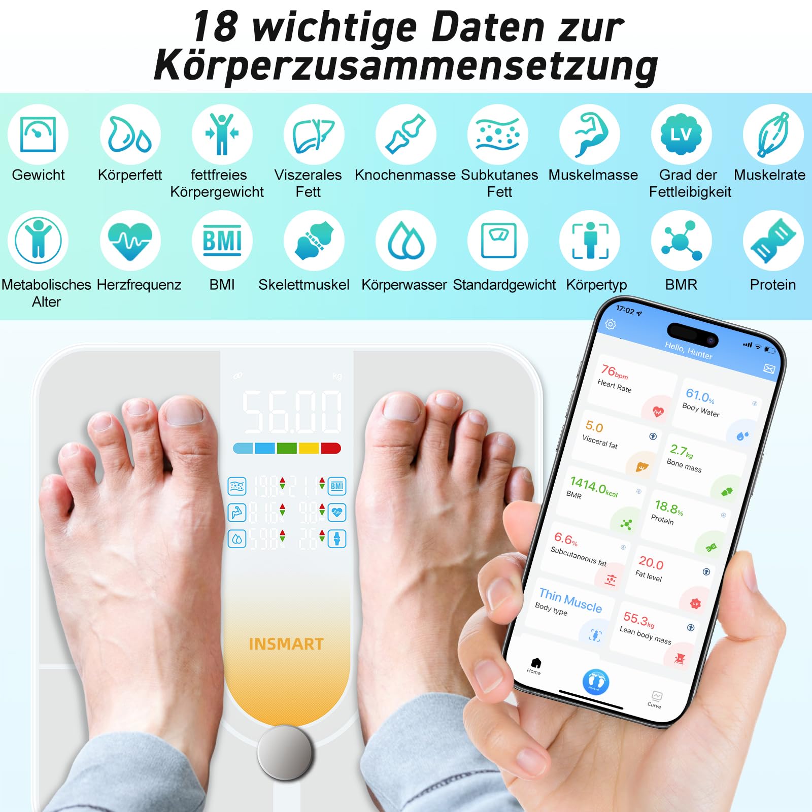 INSMART Inteligentna waga z dużym wyświetlaczem, waga 227 kg/500 lb z aplikacją/Bluetooth/czujnikiem pełnej powierzchni, waga osobowa analizuje 18 danych pomiarowych, BMI, wagę, tkankę tłuszczową