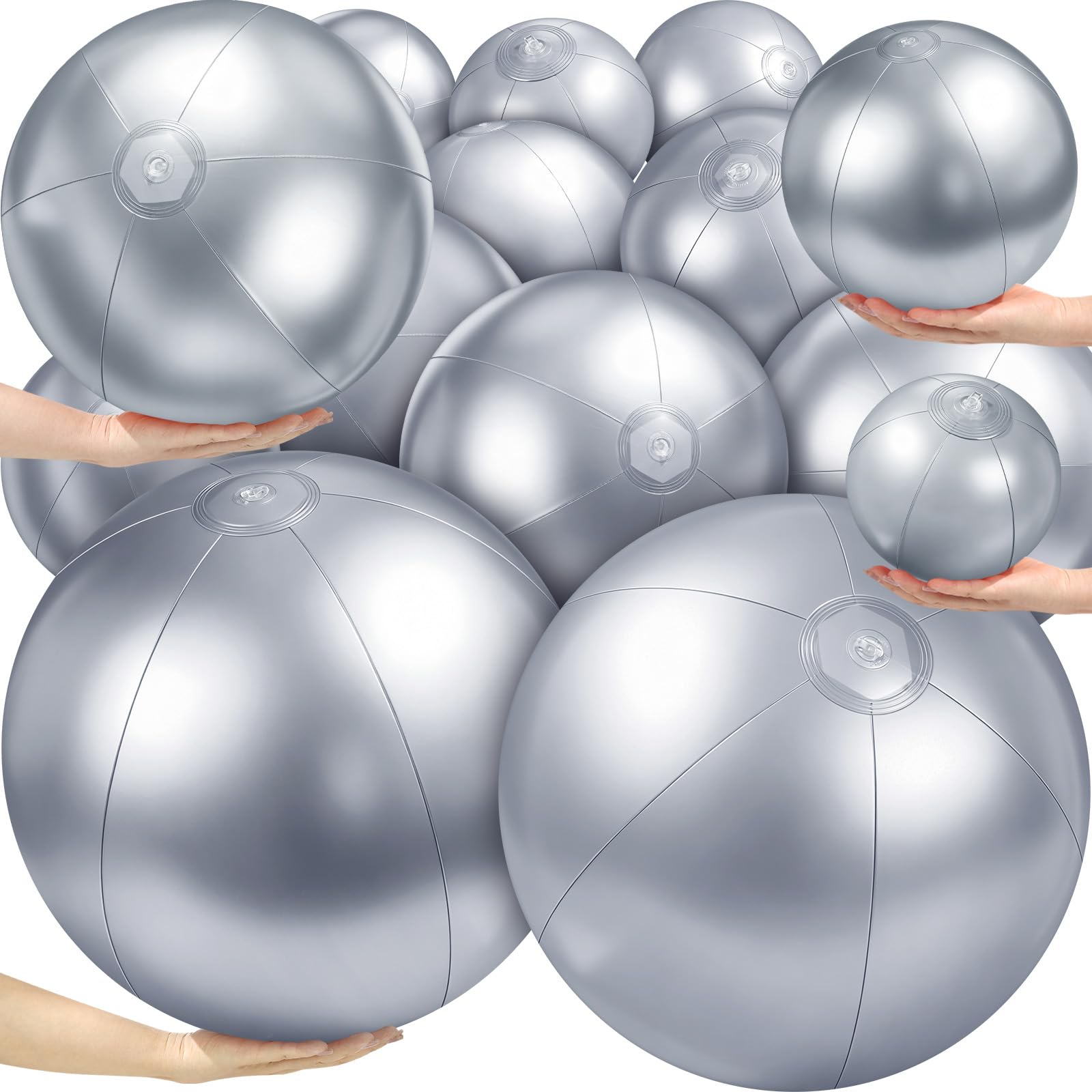 Vertintong 24 Pcs Inflatable Beach Balls Bulk, Multiple Sizes 24, 16, 12, 6 Inch Silver Summer Swimming Pool Balls for Adult, Outdoor Beach Party Supplies Combo Set for Graduation Birthday Party Decor