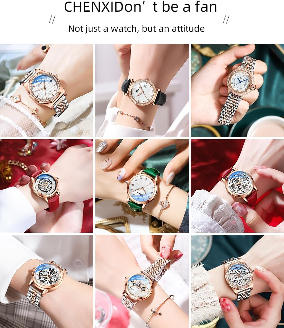 Verhux Women's Automatic Skeleton Watch Two-Tone Rose Gold & Silver Stainless Steel Waterproof Luminous Self-Winding Dress Wrist Watch for Ladies