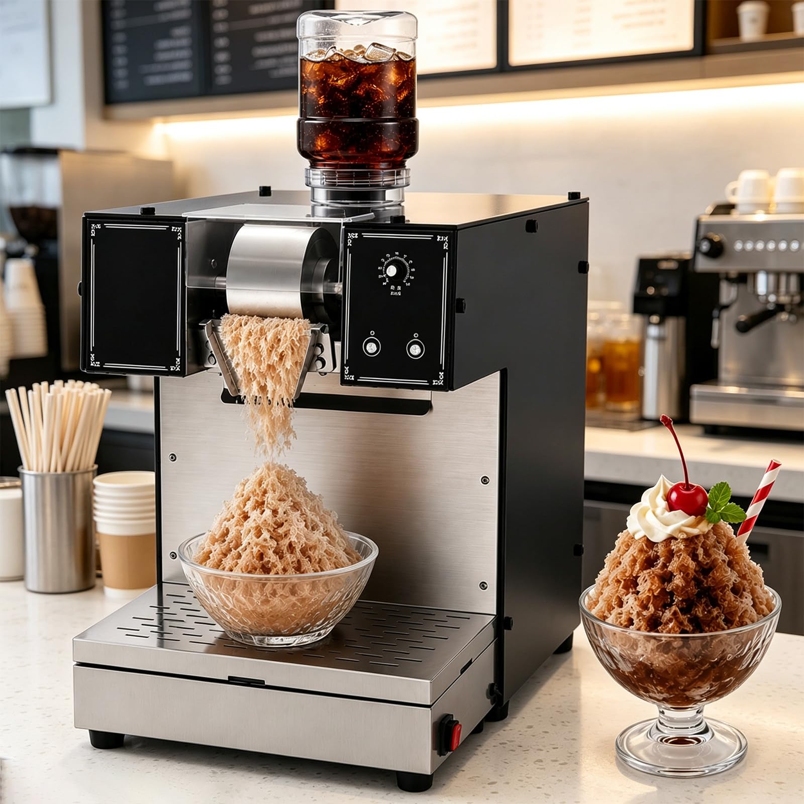 FRANREADER Premium Commercial Shaved Ice Maker 180kg Maximum Output, 0-100 Adjustable Textures, Rustproof Material & Auto Cleaning System. Advanced Ice Crashers Electric for Coffee Shops and Buffets.