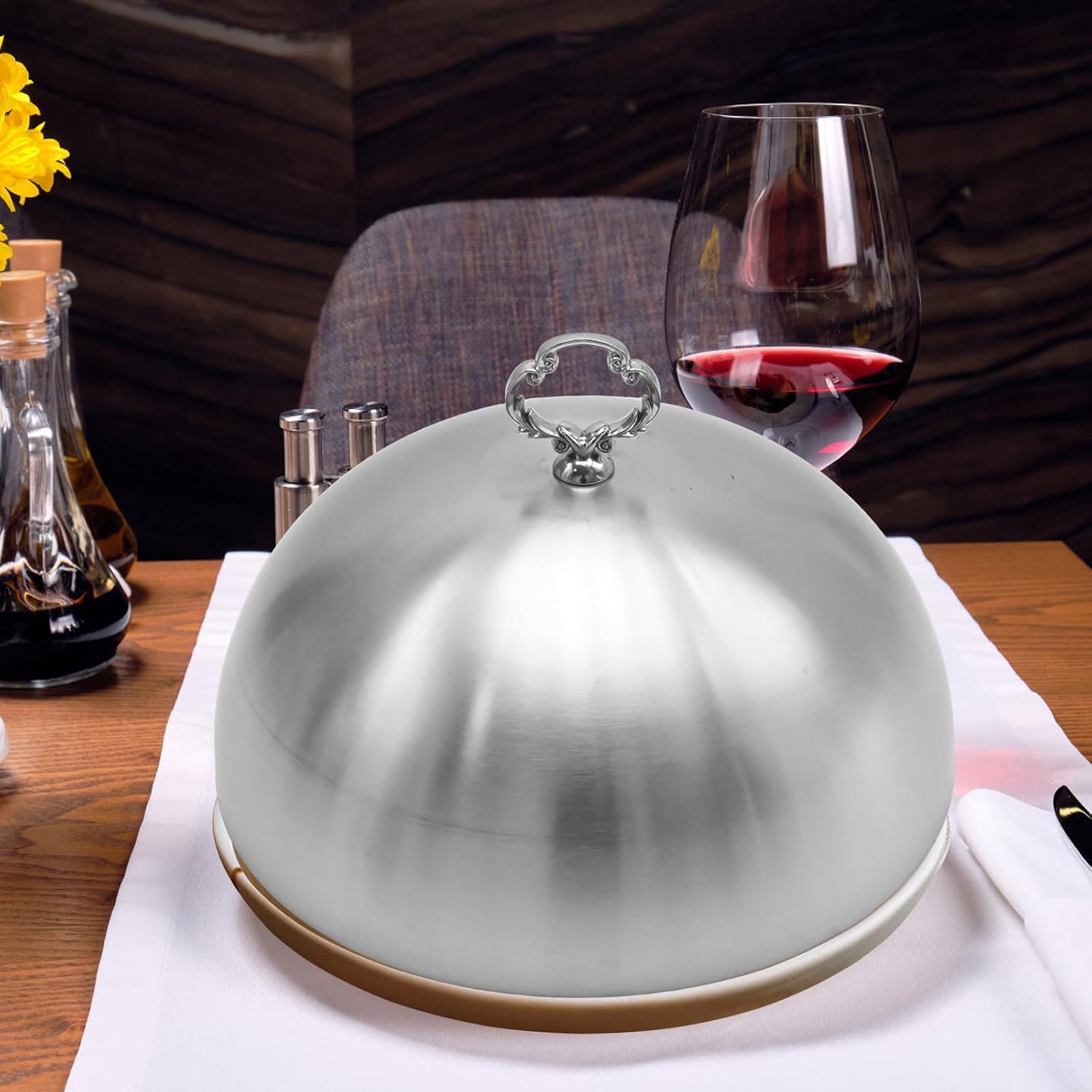Stainless Steel Food Dome Cover with Handle, Silver 24cm Steak Lid Food Protector, Serving Plate Dish Cake Butter Dessert Cheese Basting Covers Burgers Restaurant Party (Flower Wreath Bead)