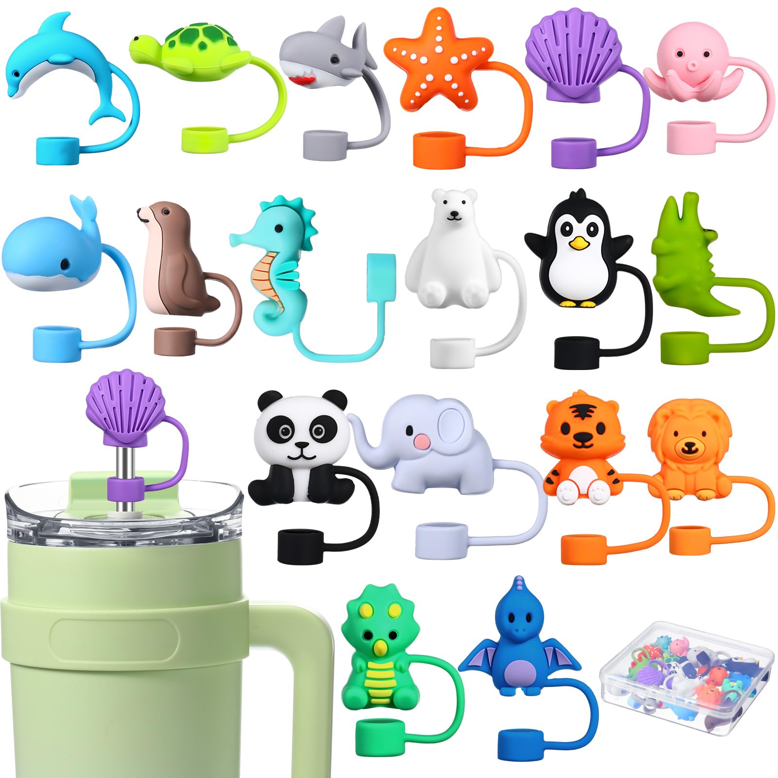 Potchen 18 Pieces 0.4 in Straw Cover Compatible with Stanley Cup Silicone Cute Animal Straw Topper 30&40 oz Tumbler with Handle, Reusable Cute Straw Covers Cap Cups Accessories